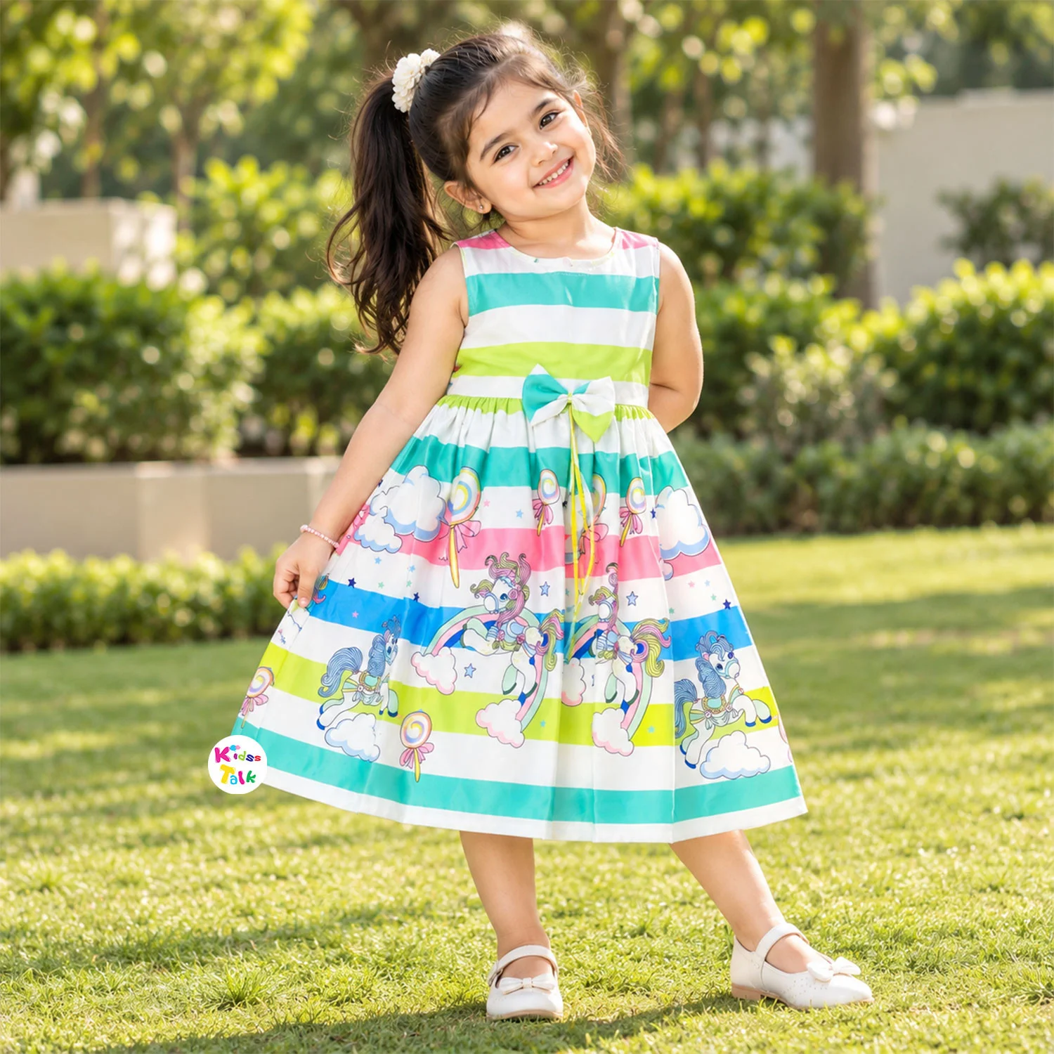 Poly Blend Sleeveless Frock With Cute Print - Ice Blue