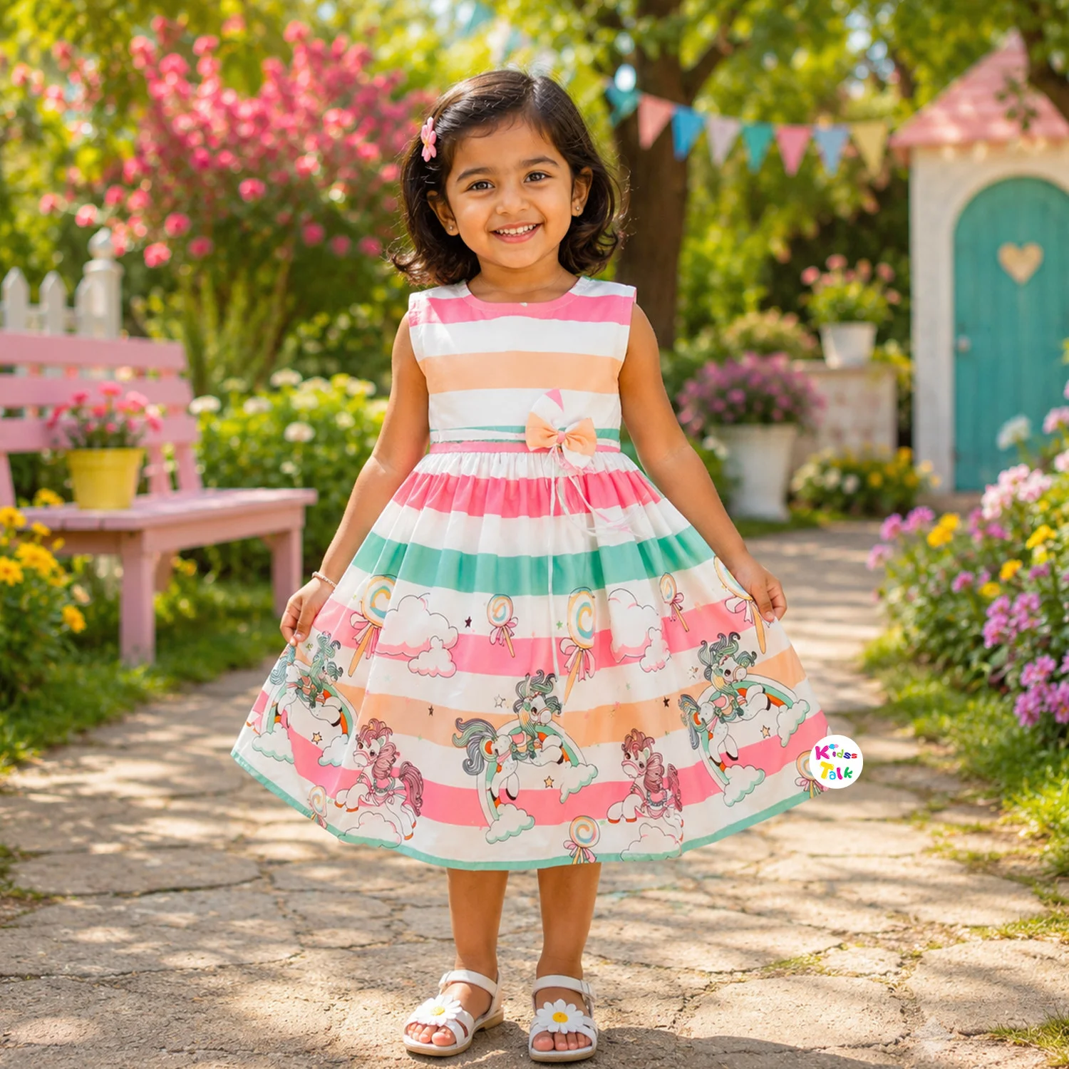 Poly Blend Sleeveless Frock With Cute Stripes Print - Peach