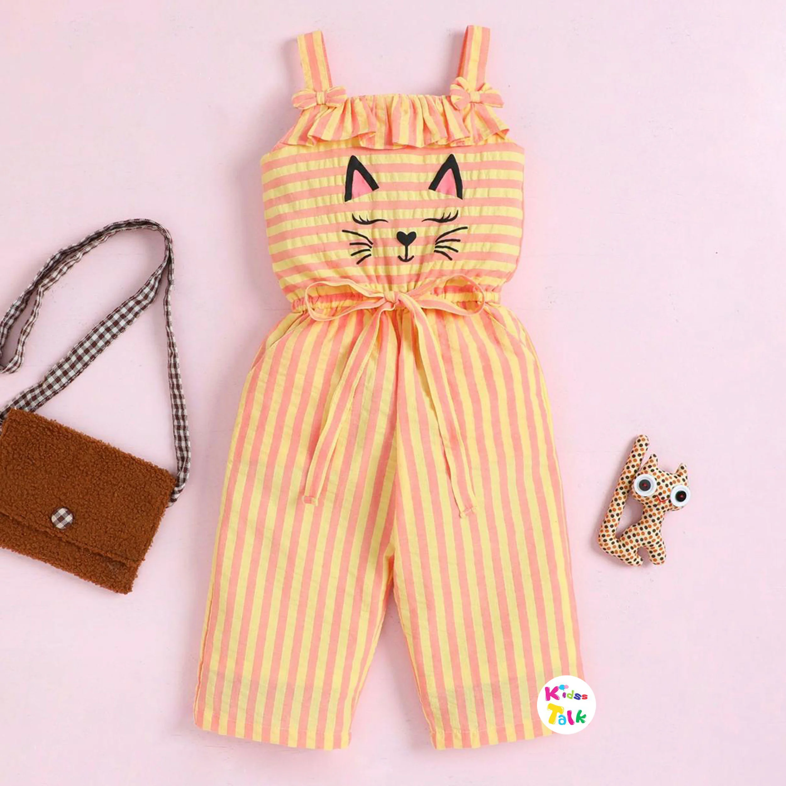 Cotton Sleeveless Jumpsuit With Cute Print - Orange