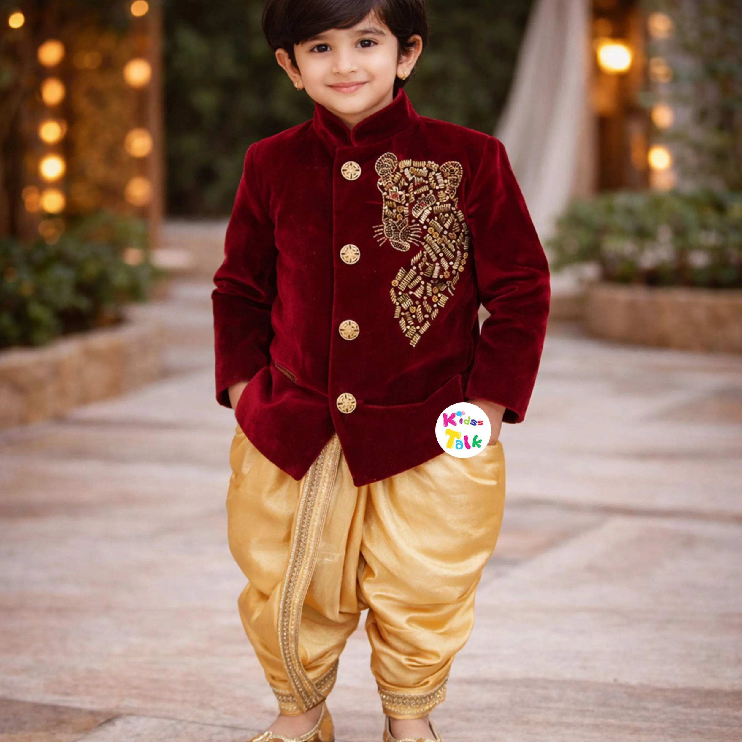 Royal Velvet Zardhosi Worked Full Sleeve Sherwani With Dhoti & Pjyama - Maroon