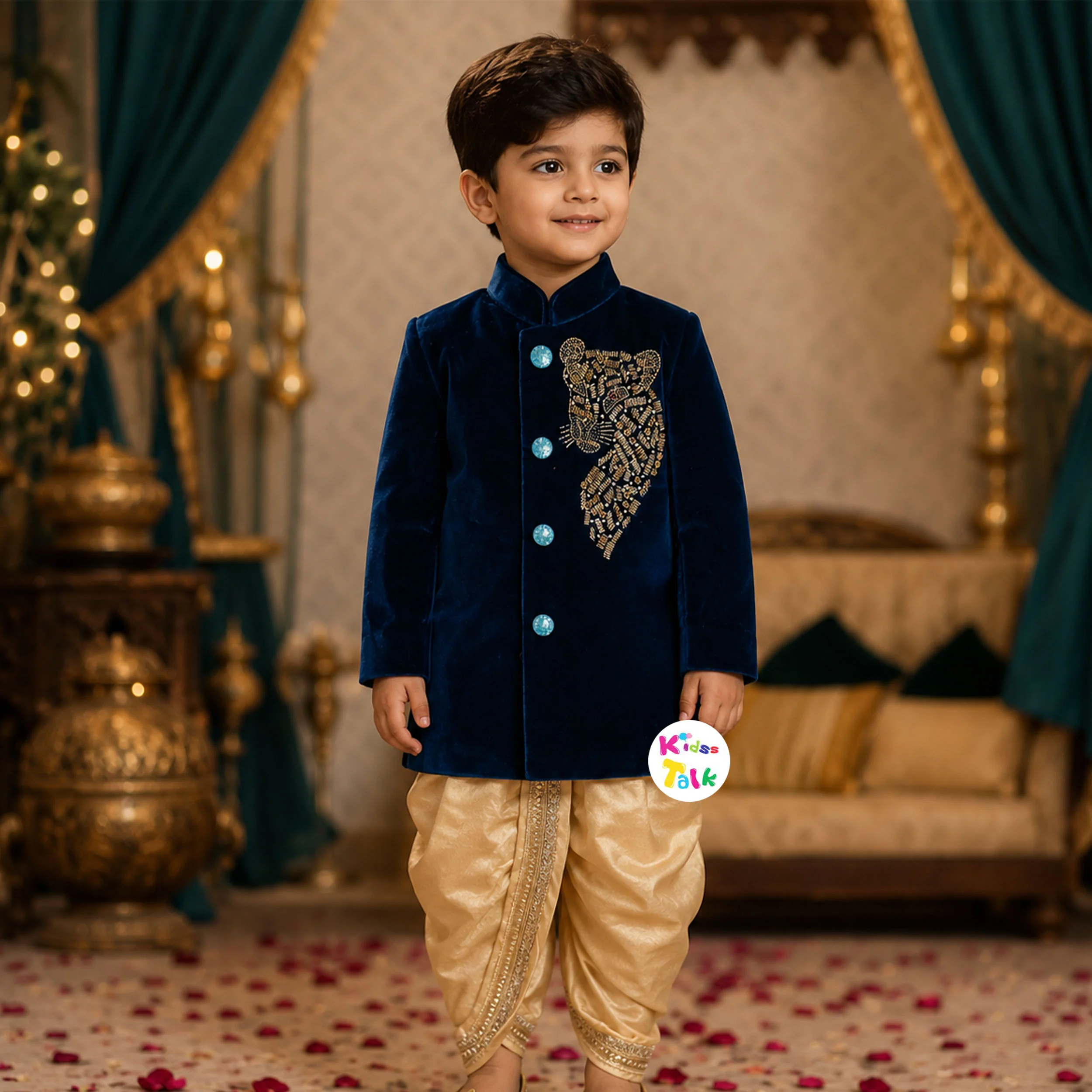 Royal Velvet Zardhosi Worked Full Sleeve Sherwani With Dhoti & Pjyama - Navy Blue
