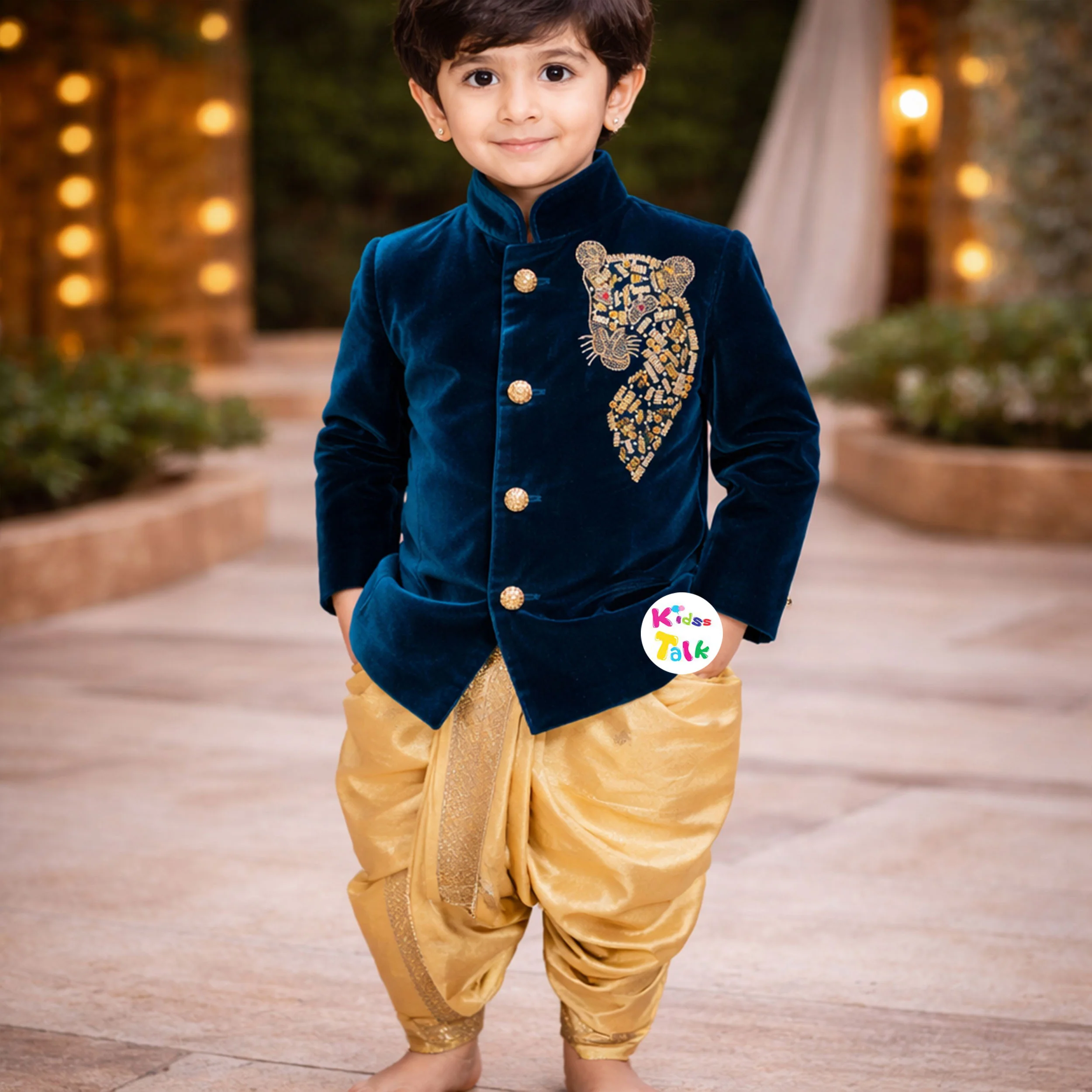 Royal Velvet Zardhosi Worked Full Sleeve Sherwani With Dhoti & Pjyama - Teal Blue