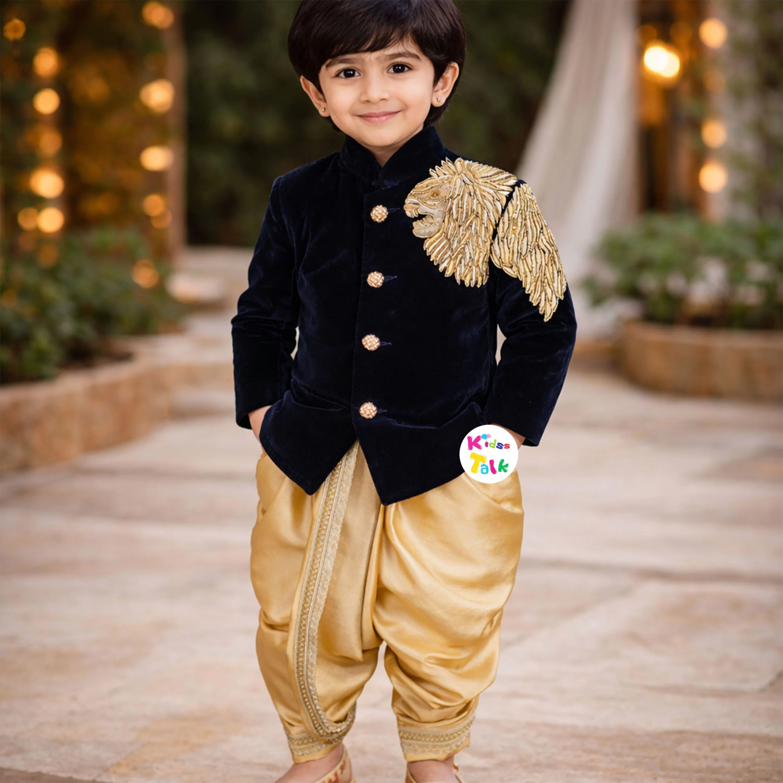 Royal Velvet Lion Zardhosi Worked Full Sleeve Sherwani With Dhoti & Pjyama - Navy Blue