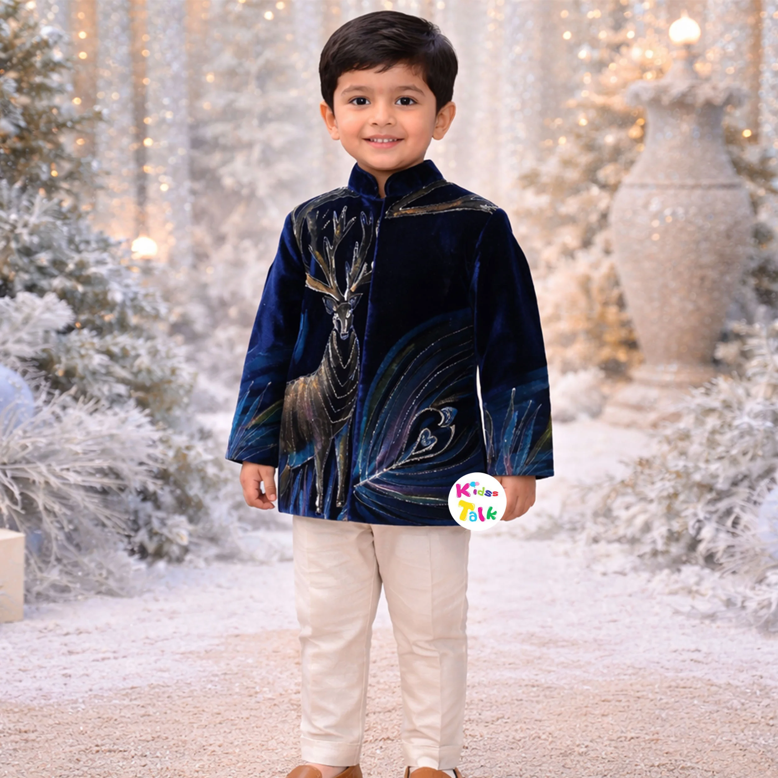 Royal Velvet Full Sleeve Sherwani With Zardhosi Worked & Pjyama - Blue