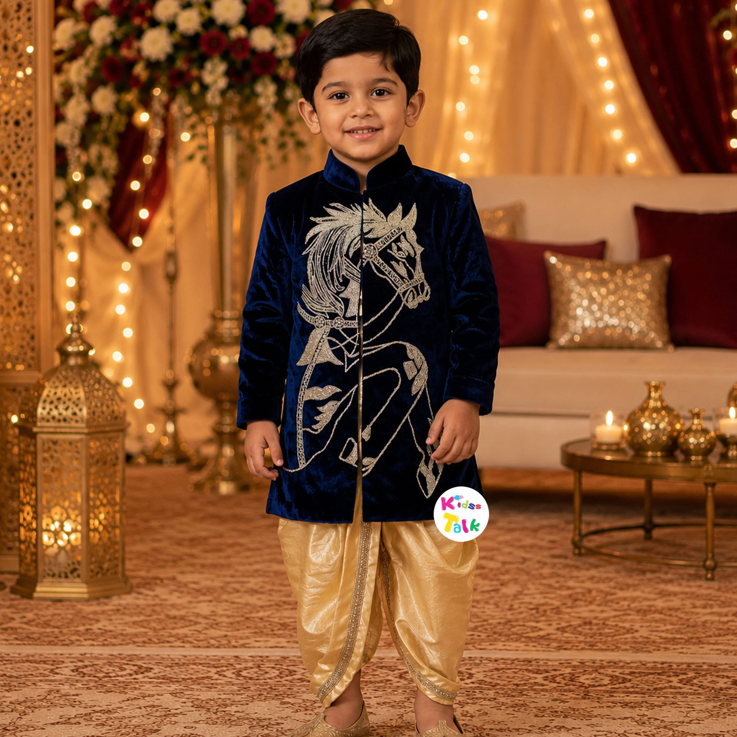 Royal Full Sleeve Sherwani Set With Zardhosi Work - Navy Blue