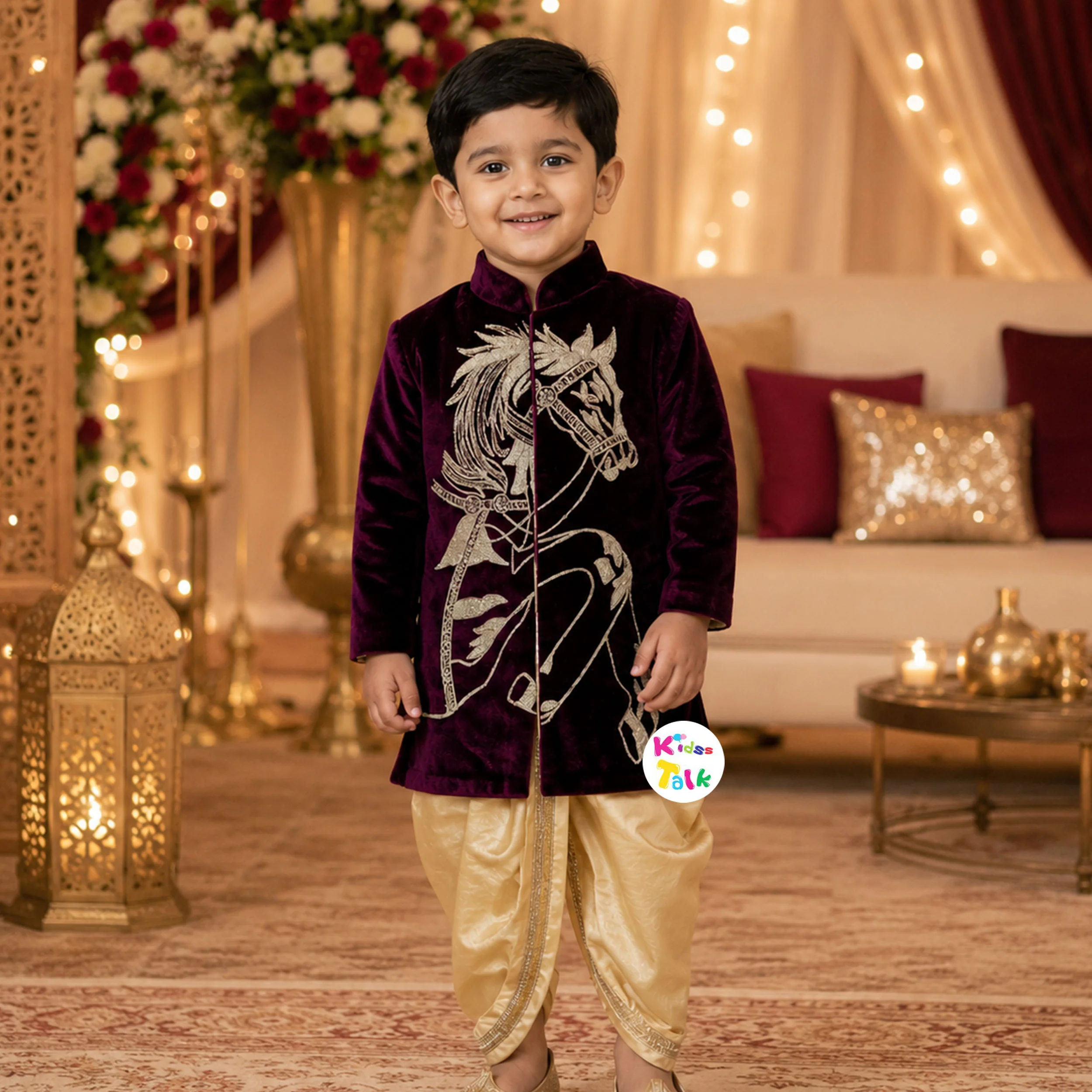 Royal Full Sleeve Sherwani Set With Zardhosi Work - Wine