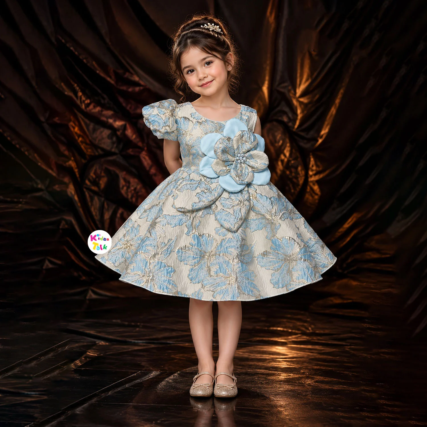 Shimmer Jacquard Sleeveless Party Frock With Flower Applique - Ice Blue