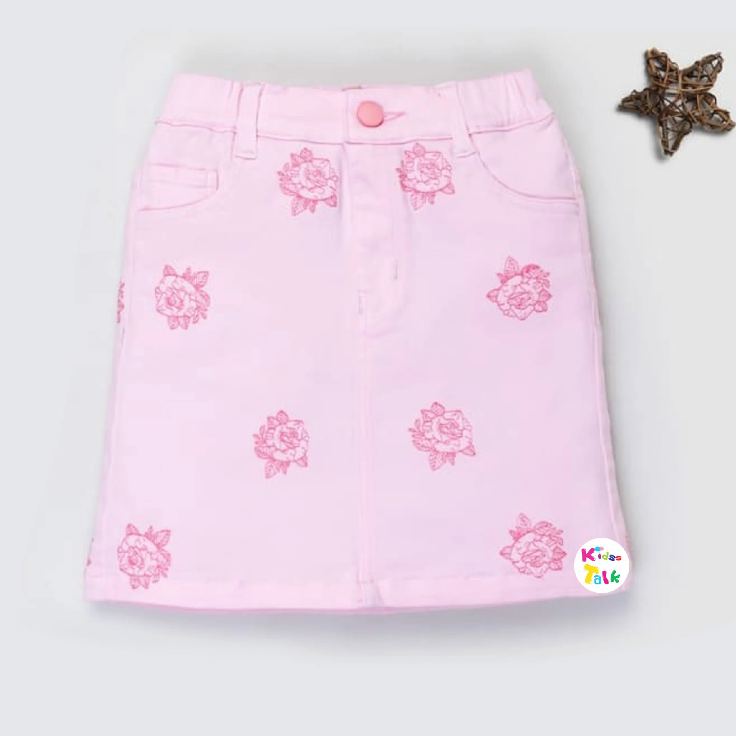 Denim Regular Fit Embroidered Skirt - Baby Pink