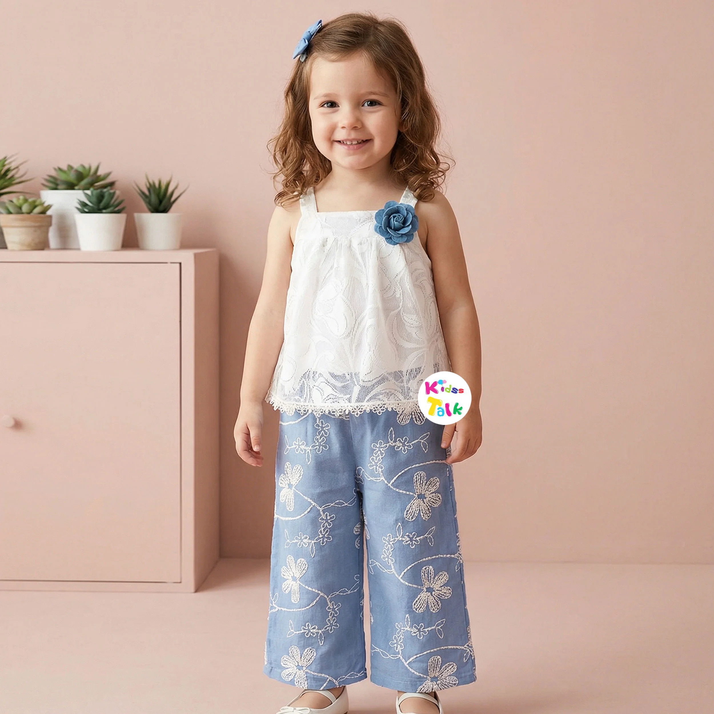 Cotton Sleeveless Top With Embroidered & Full Pant - Ice Blue