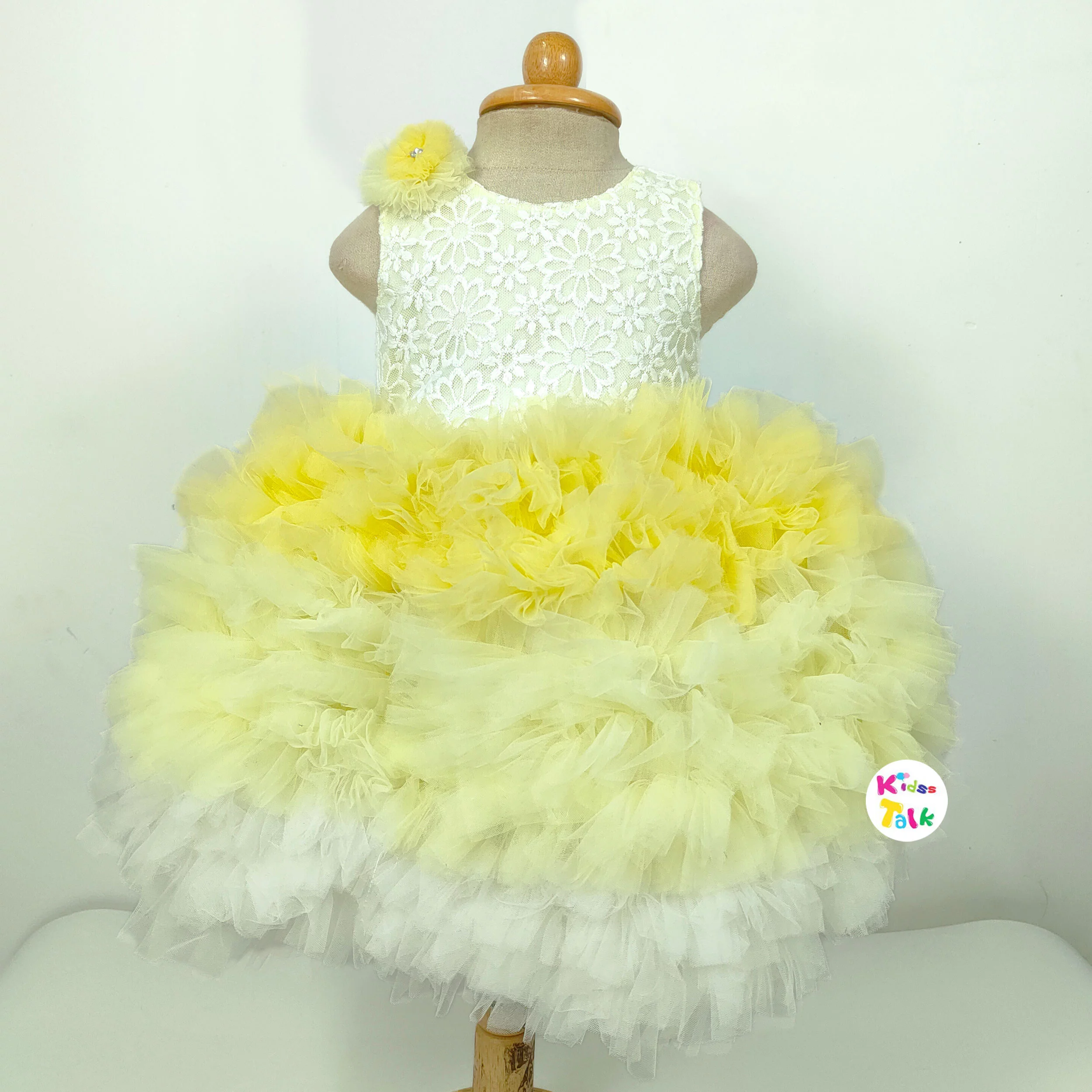 Net Sleeveless Frock With Lace Work - Lemon Yellow