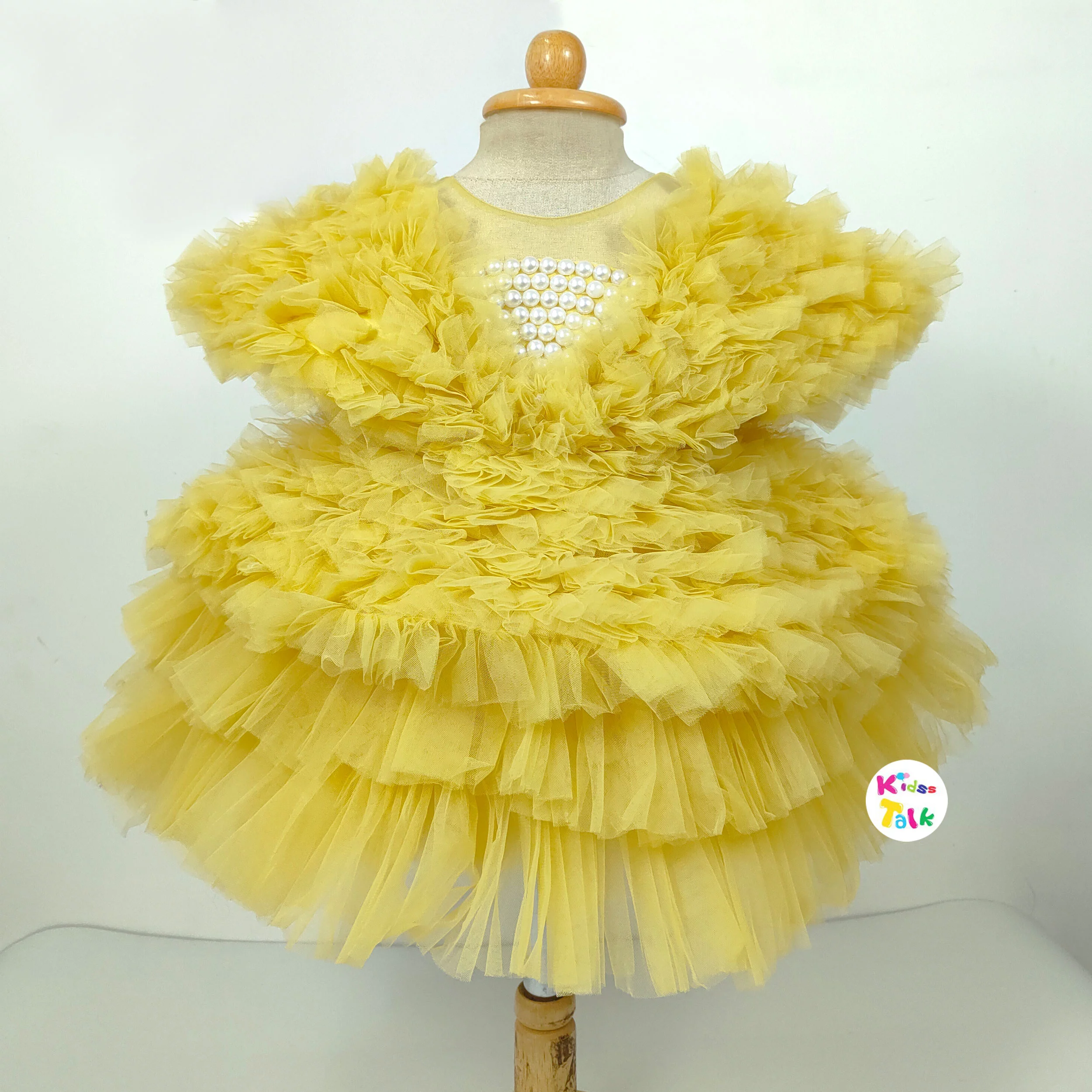 Net Half Sleeves Frock With Bead Work - Mustard