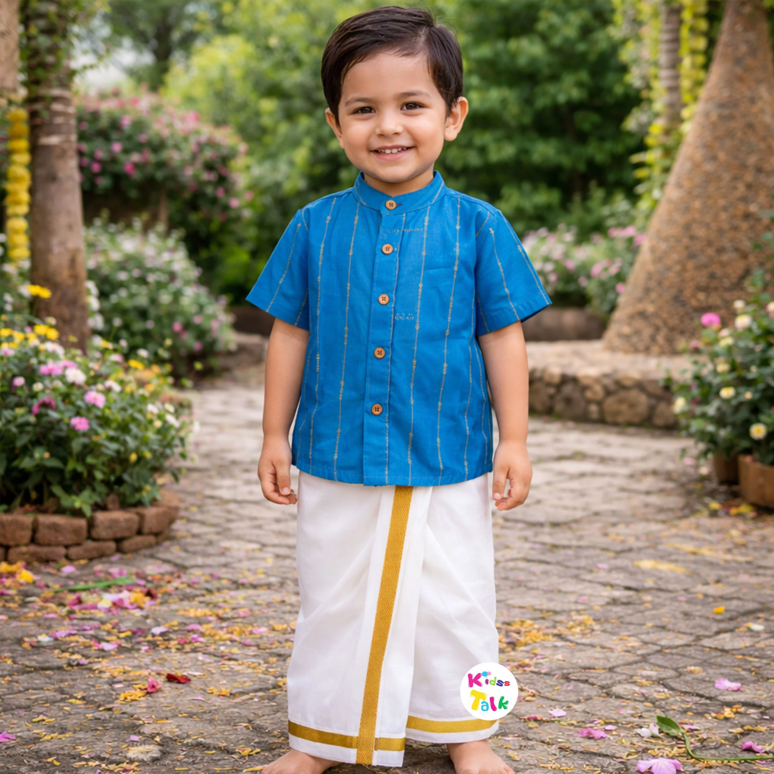 Cotton Silk Half Sleeve Shirt With Dhoti - Blue