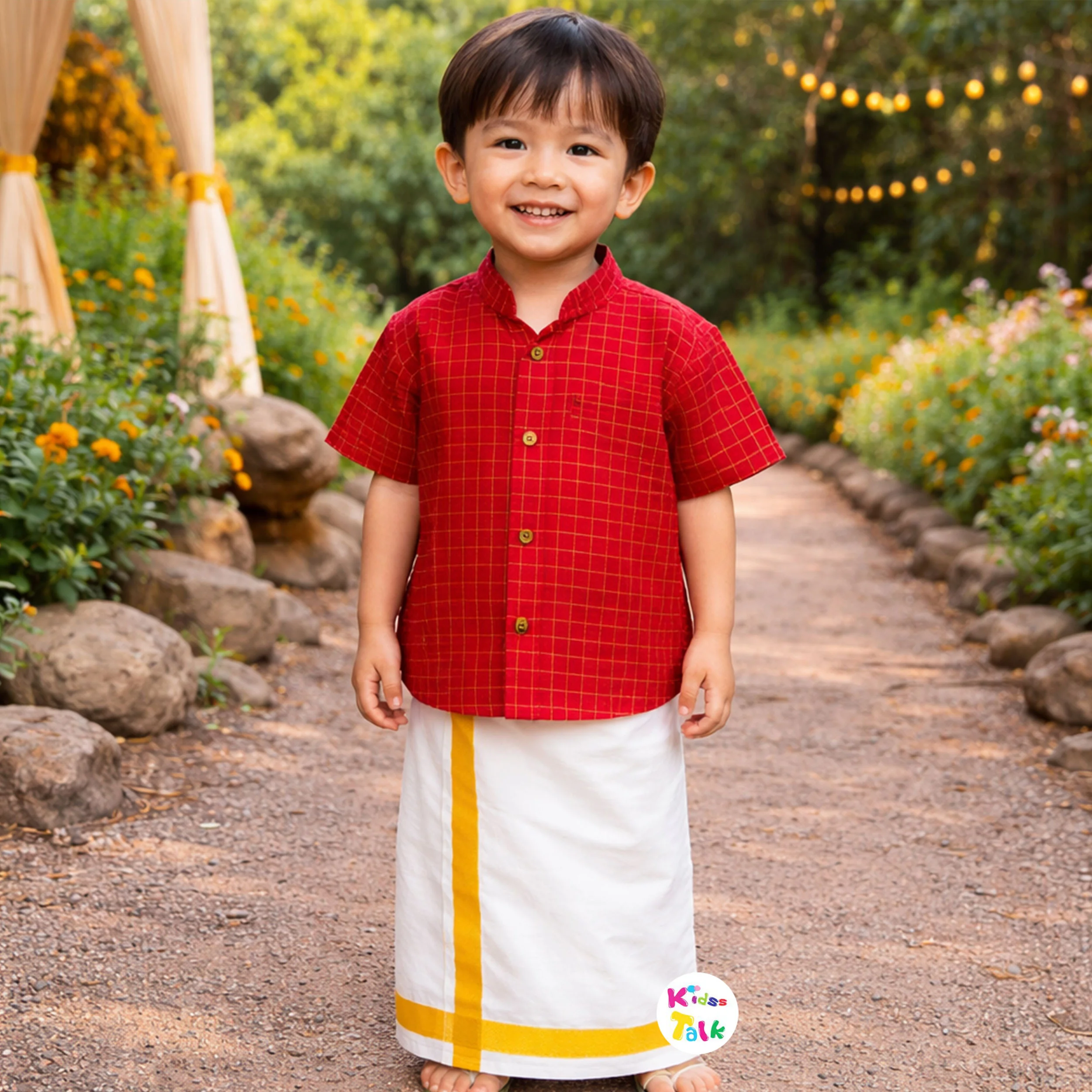 Cotton Silk Half Sleeve Shirt With Dhoti - Red