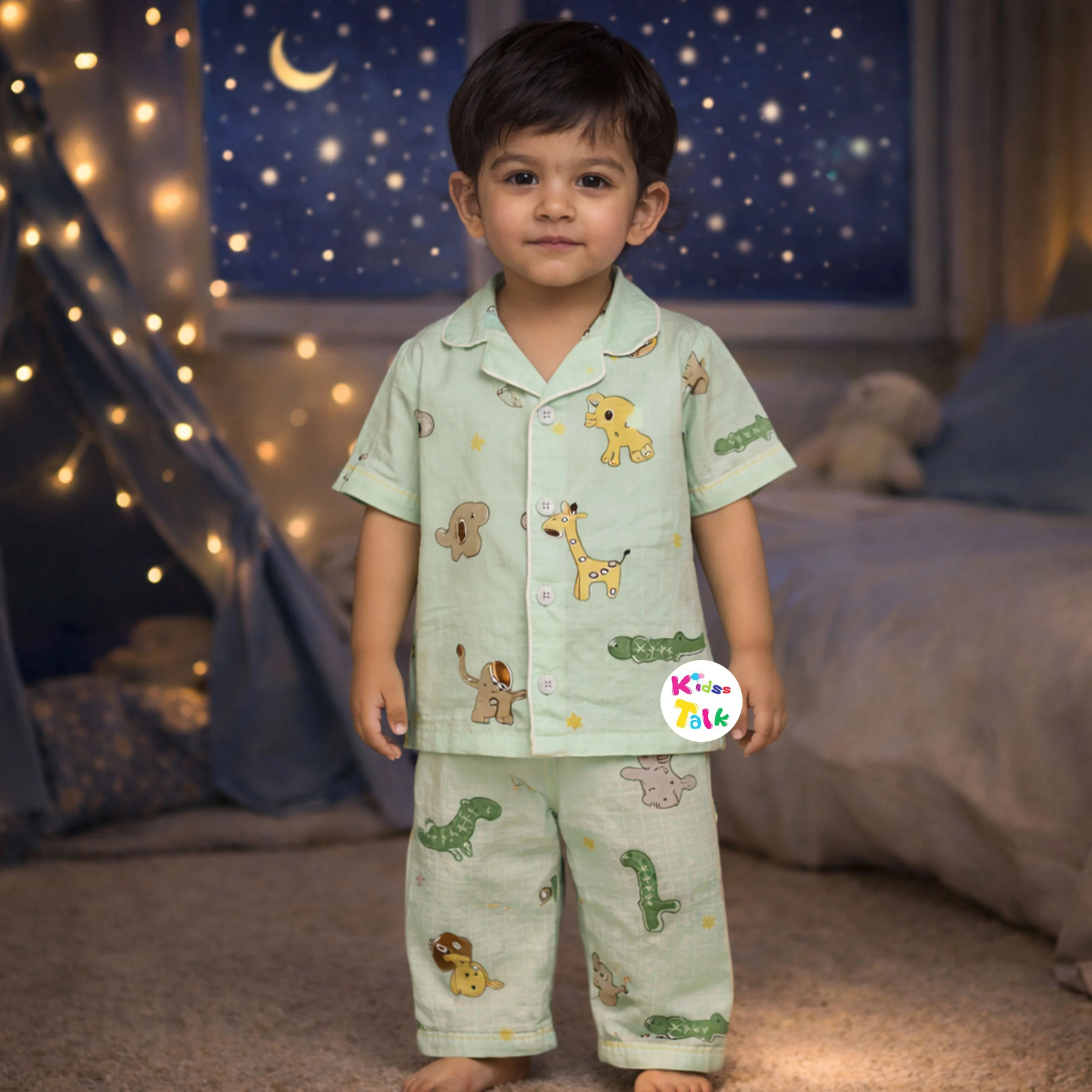 Muslin Half Sleeve Night Suit With Cute Print - Mint Green