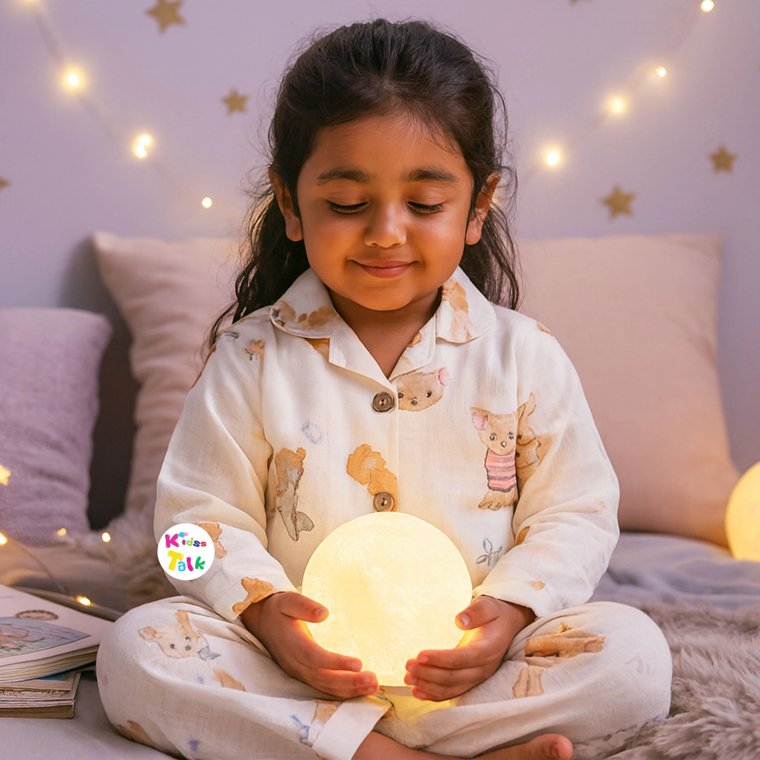 Muslin Full Sleeve Night Suit With Cute Prints - Cream