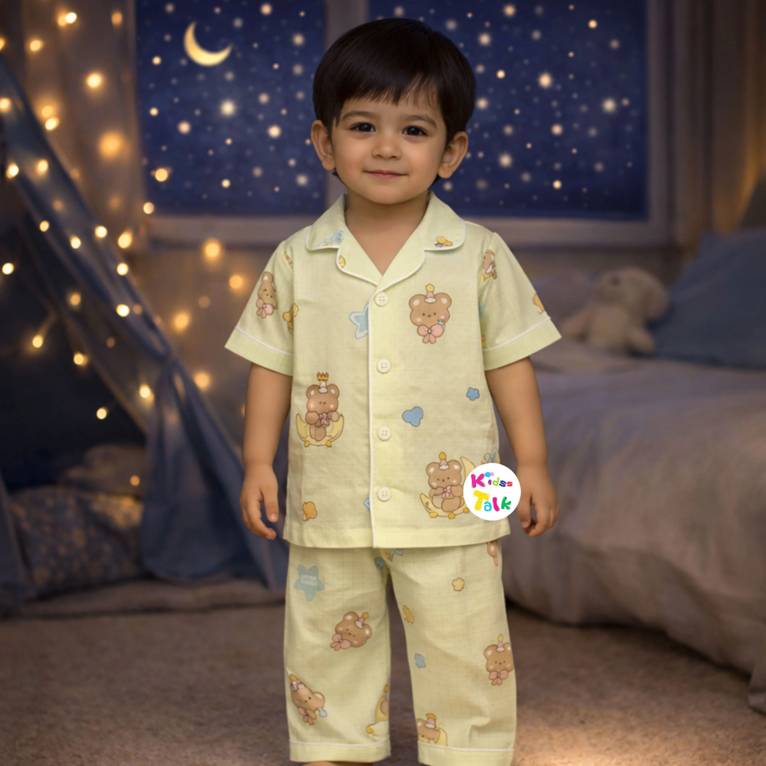 Muslin Half Sleeve Night Suit With Cute Print - Lemon Yellow