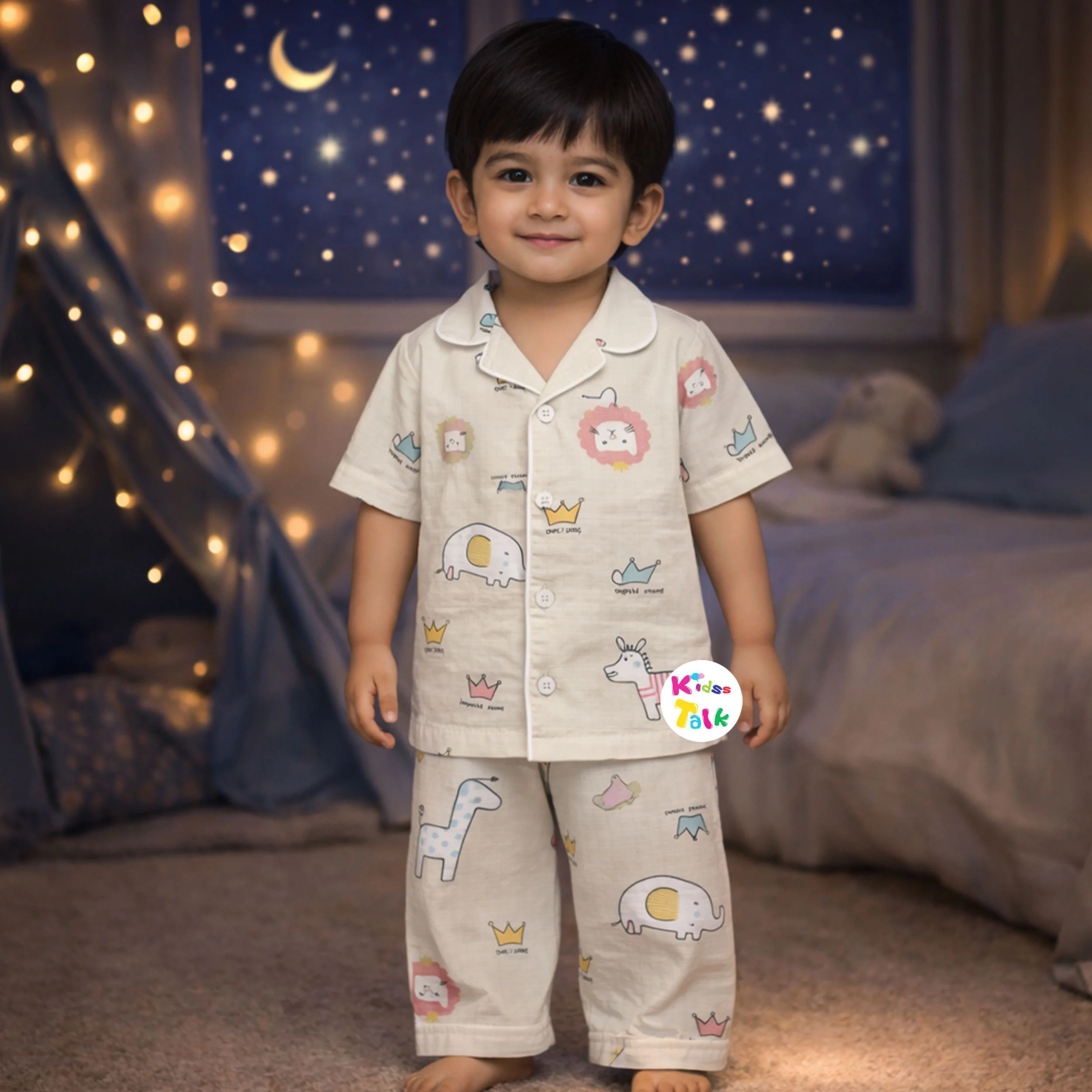 Muslin Half Sleeve Night Suit With Cute Print - Peach