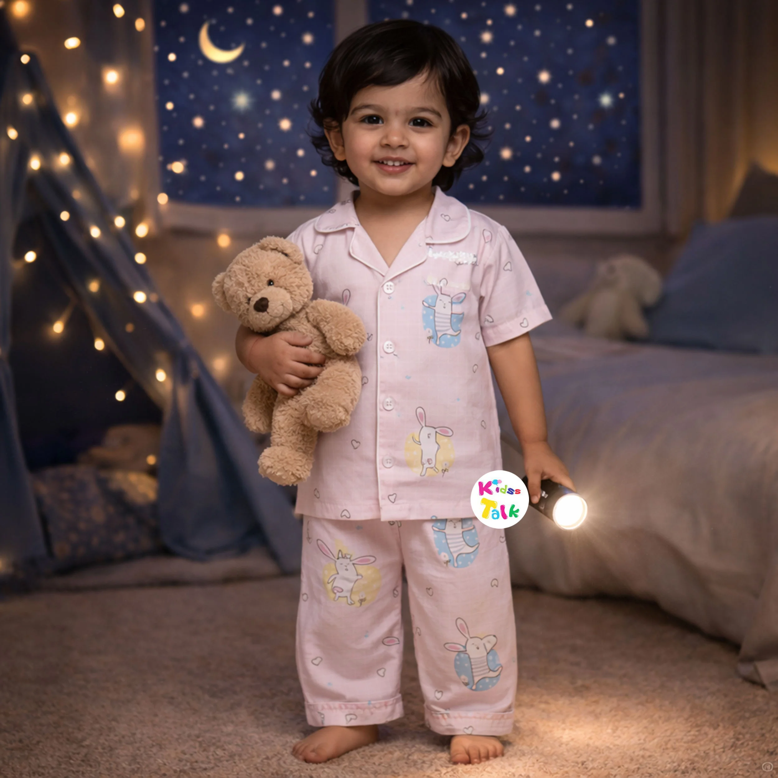 Muslin Half Sleeve Night Suit With Cute Print - Baby Pink