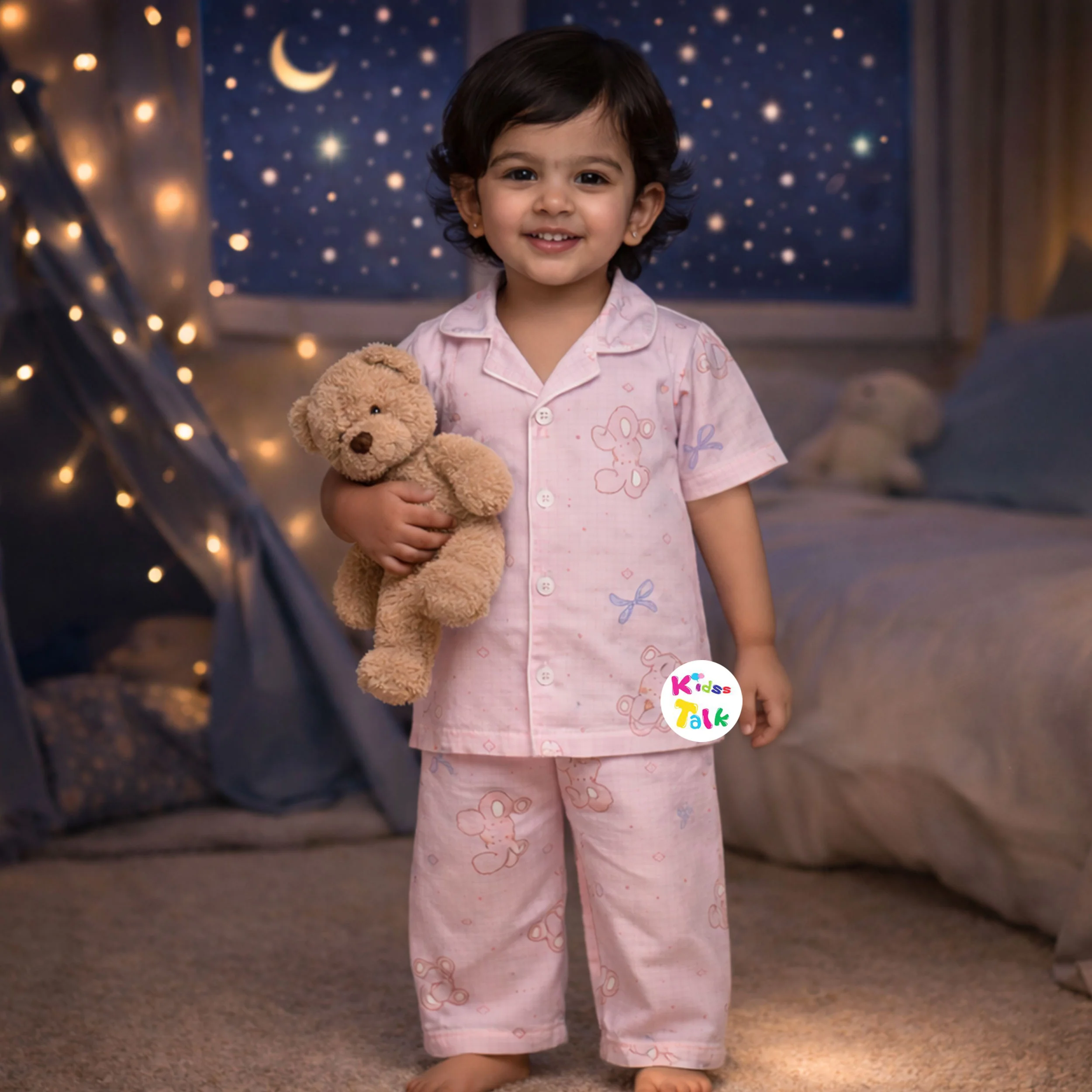 Muslin Half Sleeve Night Suit With Cute Print - Baby Pink