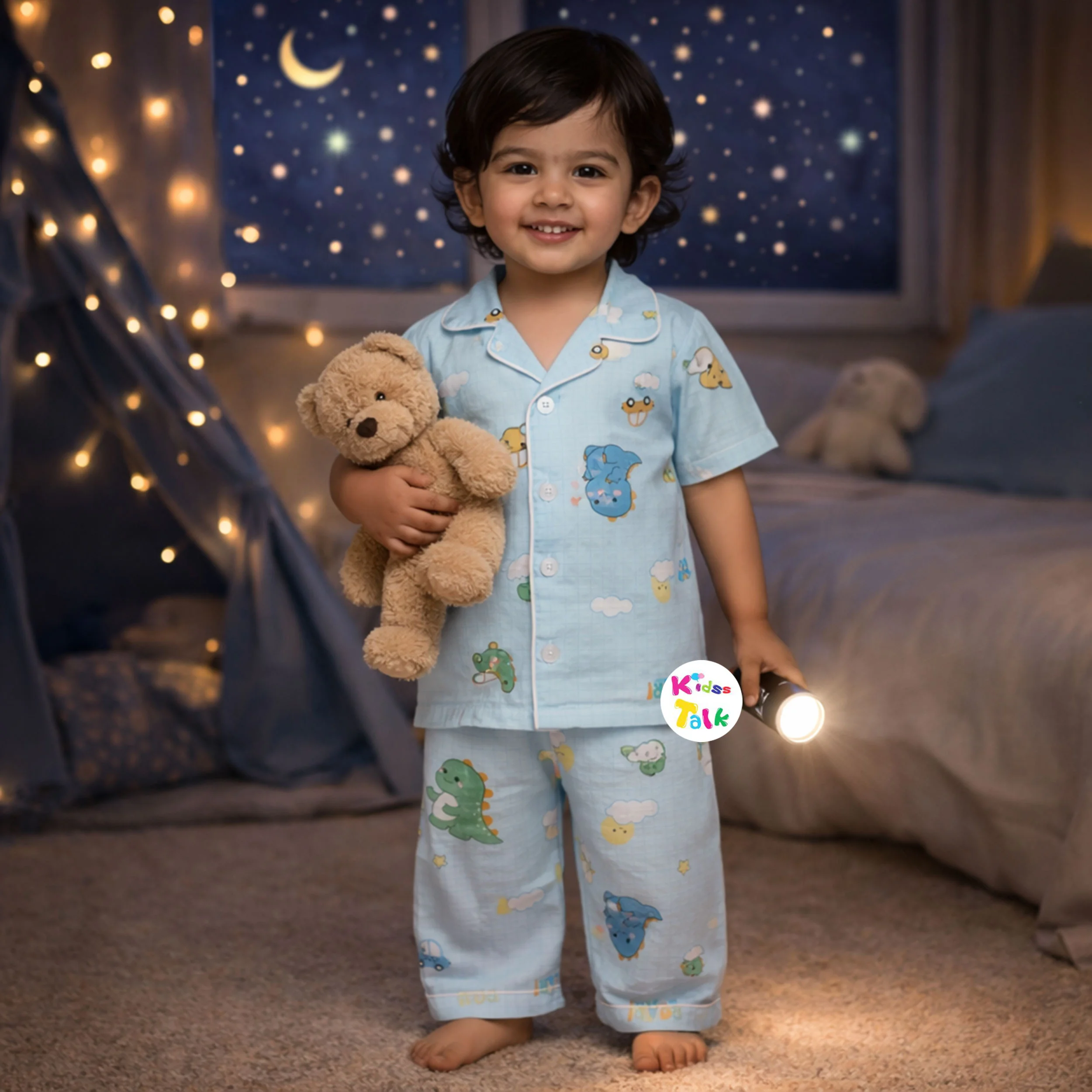 Muslin Half Sleeve Night Suit With Cute Print - Ice Blue