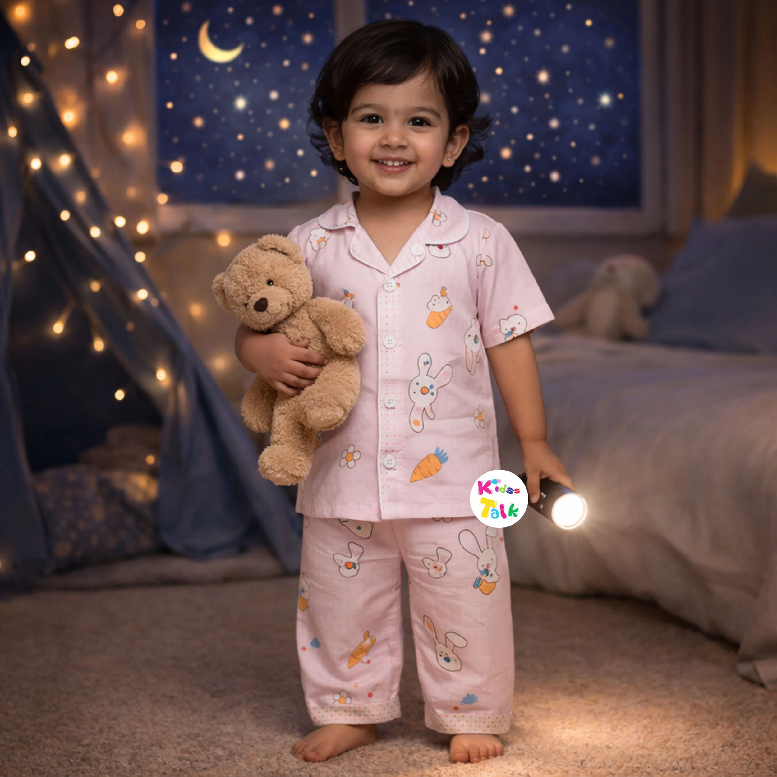 Muslin Half Sleeve Night Suit With Cute Print - Baby Pink