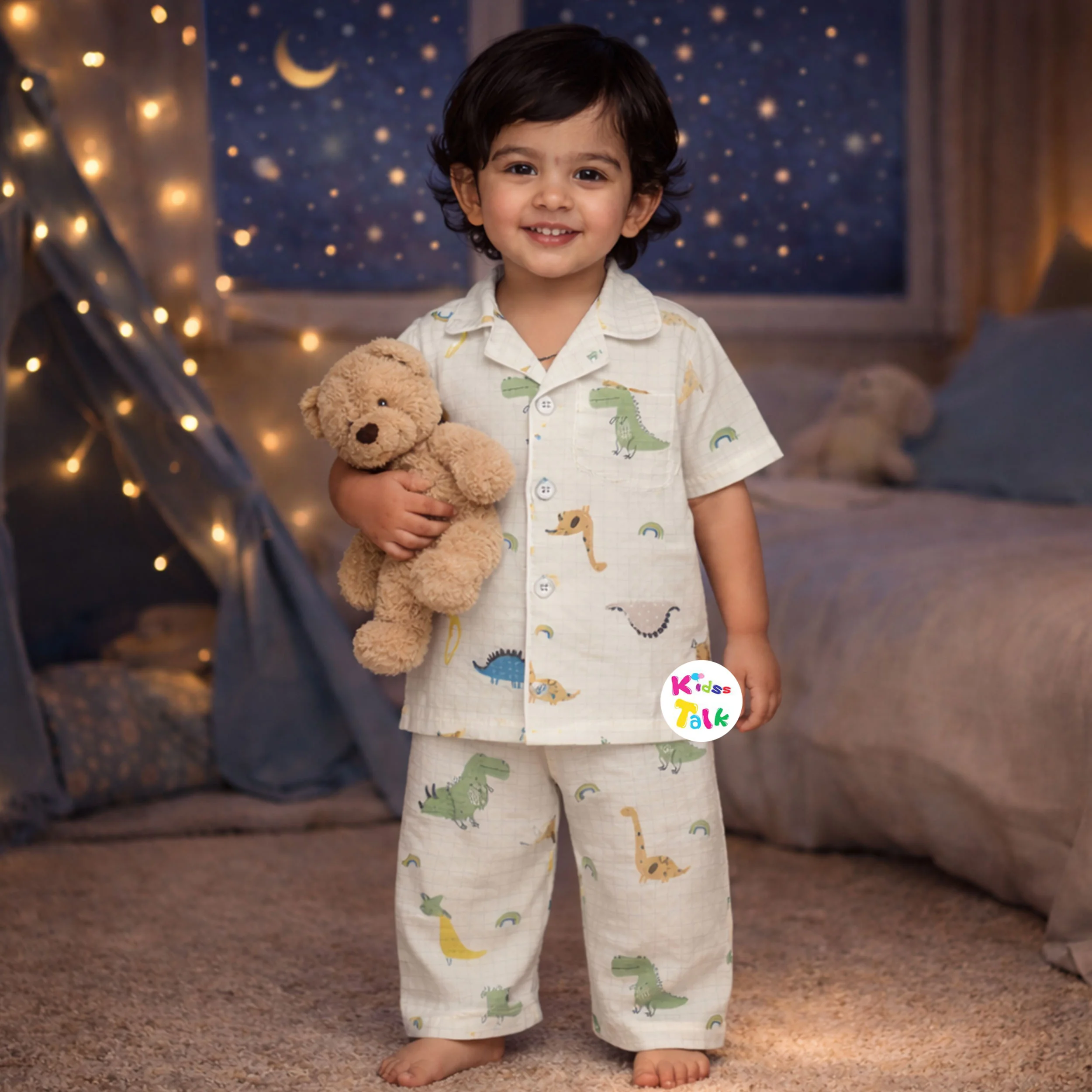 Muslin Half Sleeve Night Suit With Cute Print - Cream