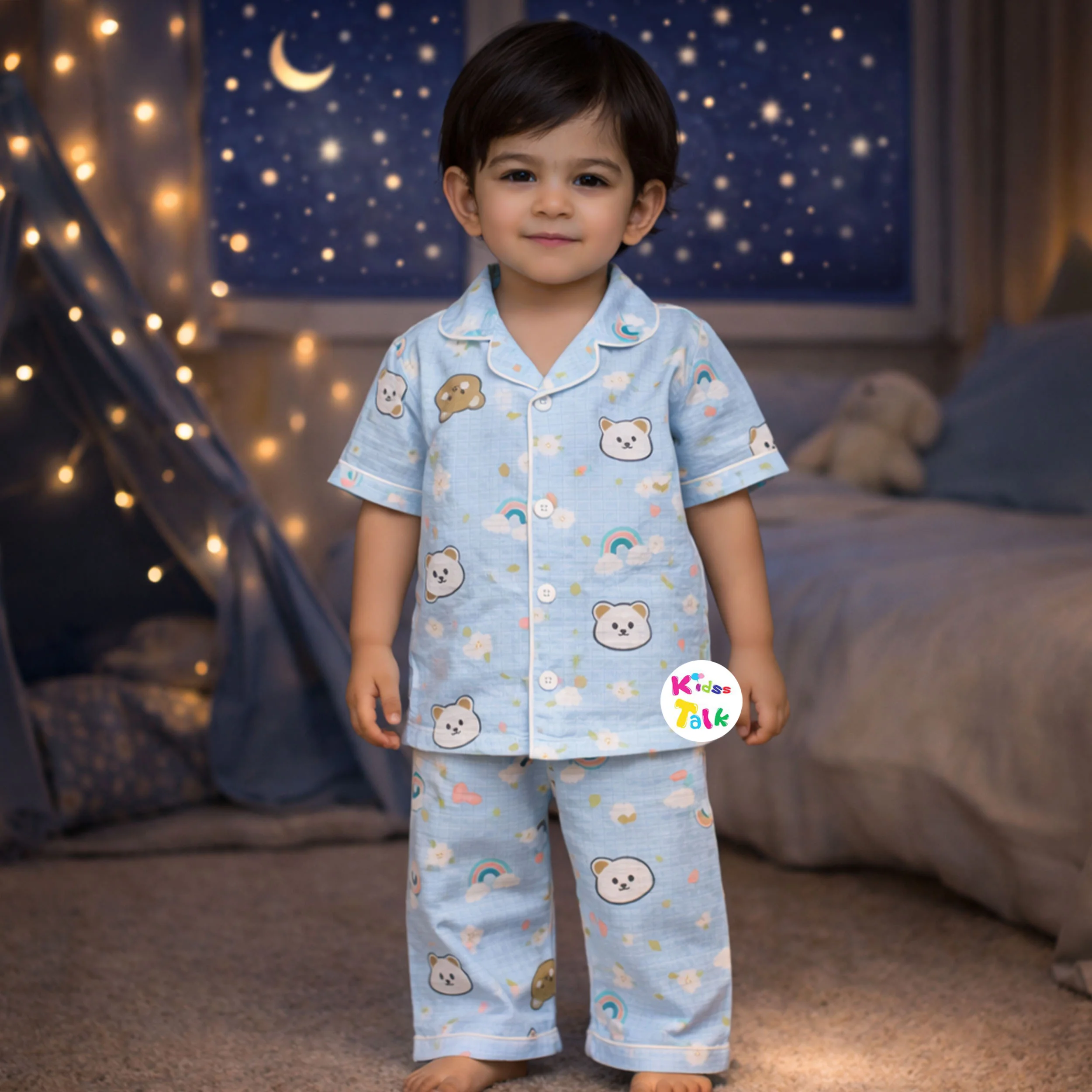 Muslin Half Sleeve Night Suit With Cute Print - Ice Blue