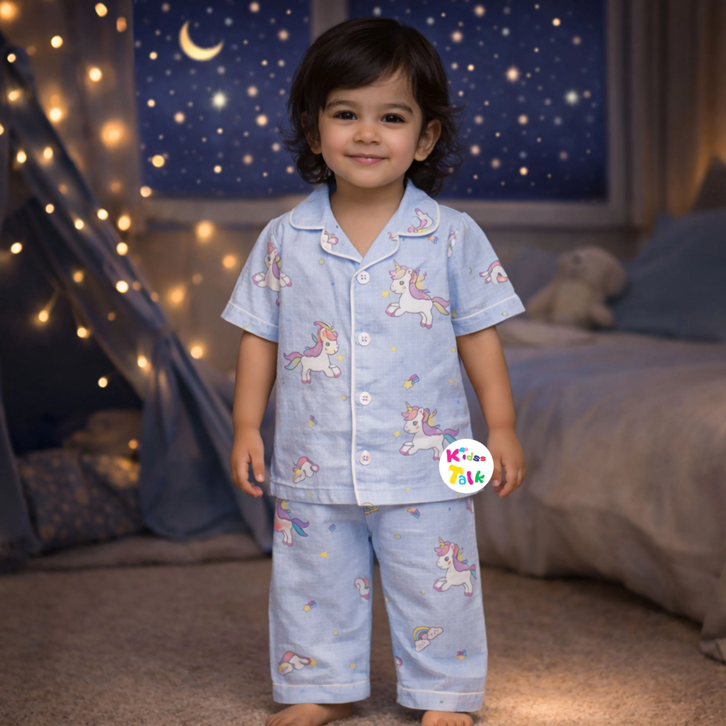 Muslin Half Sleeve Night Suit With Cute Print - Ice Blue