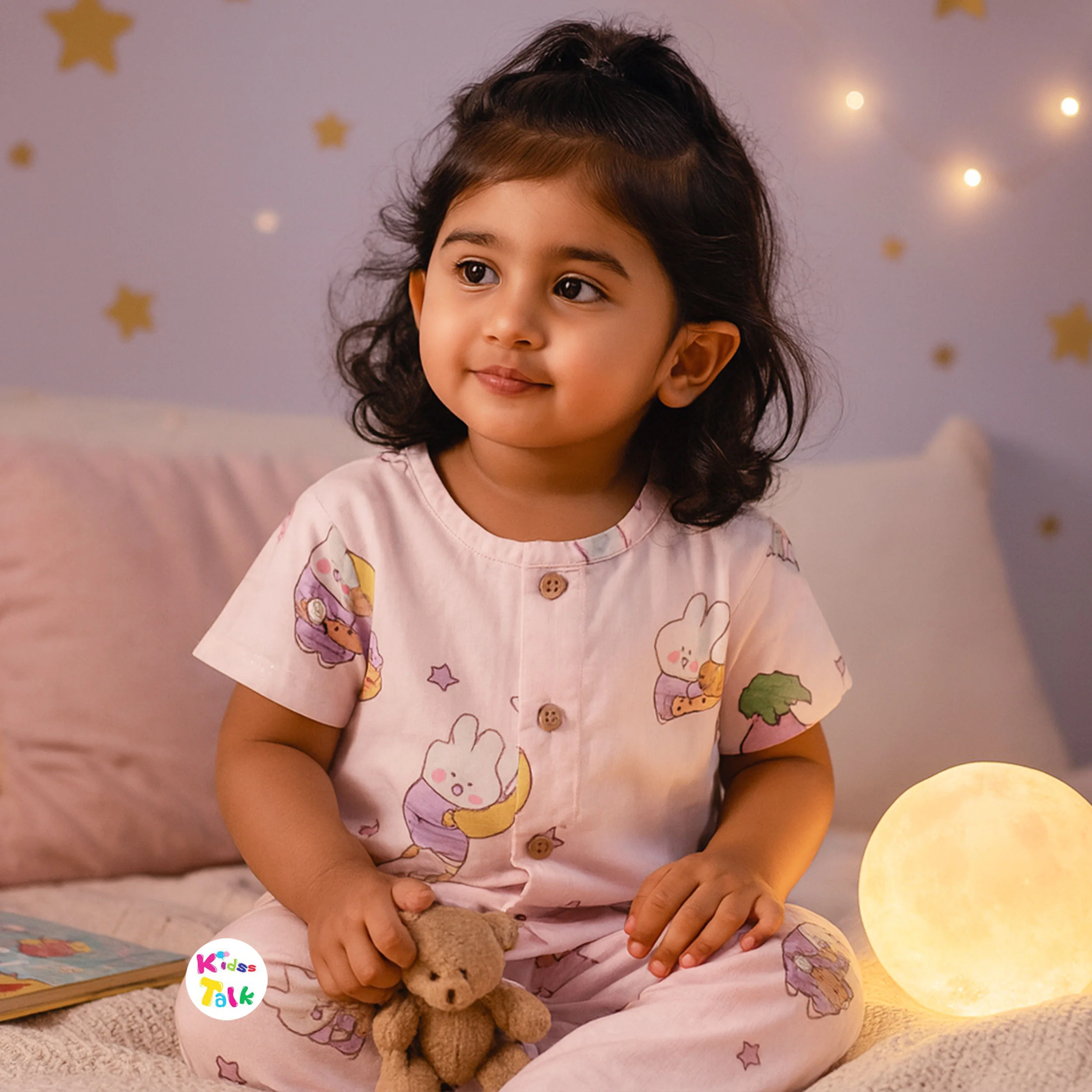 Muslin Half Sleeve Night Suit With Cute Prints - Baby Pink