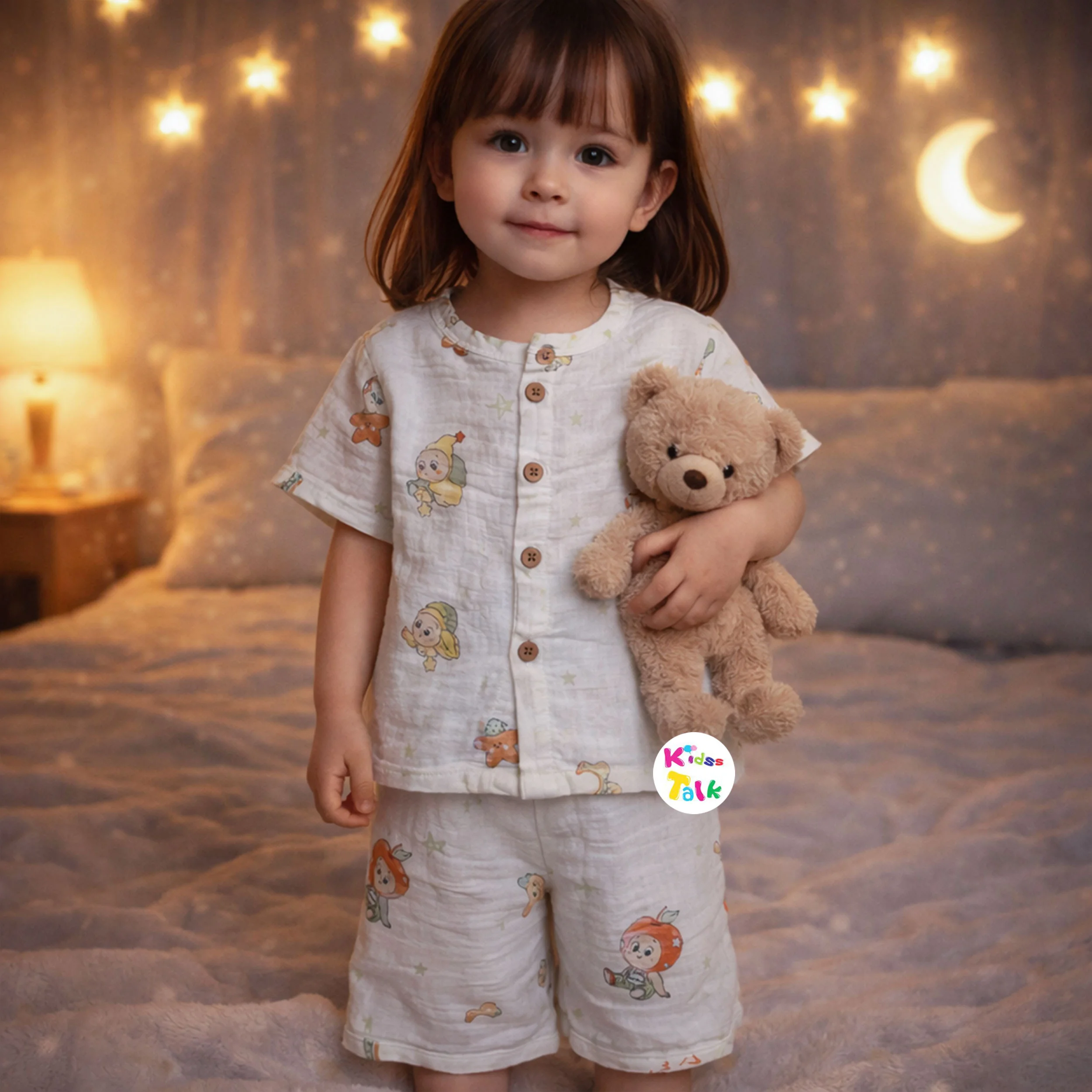 Muslin Half Sleeve Night Suit With Cute Print - Mint Green