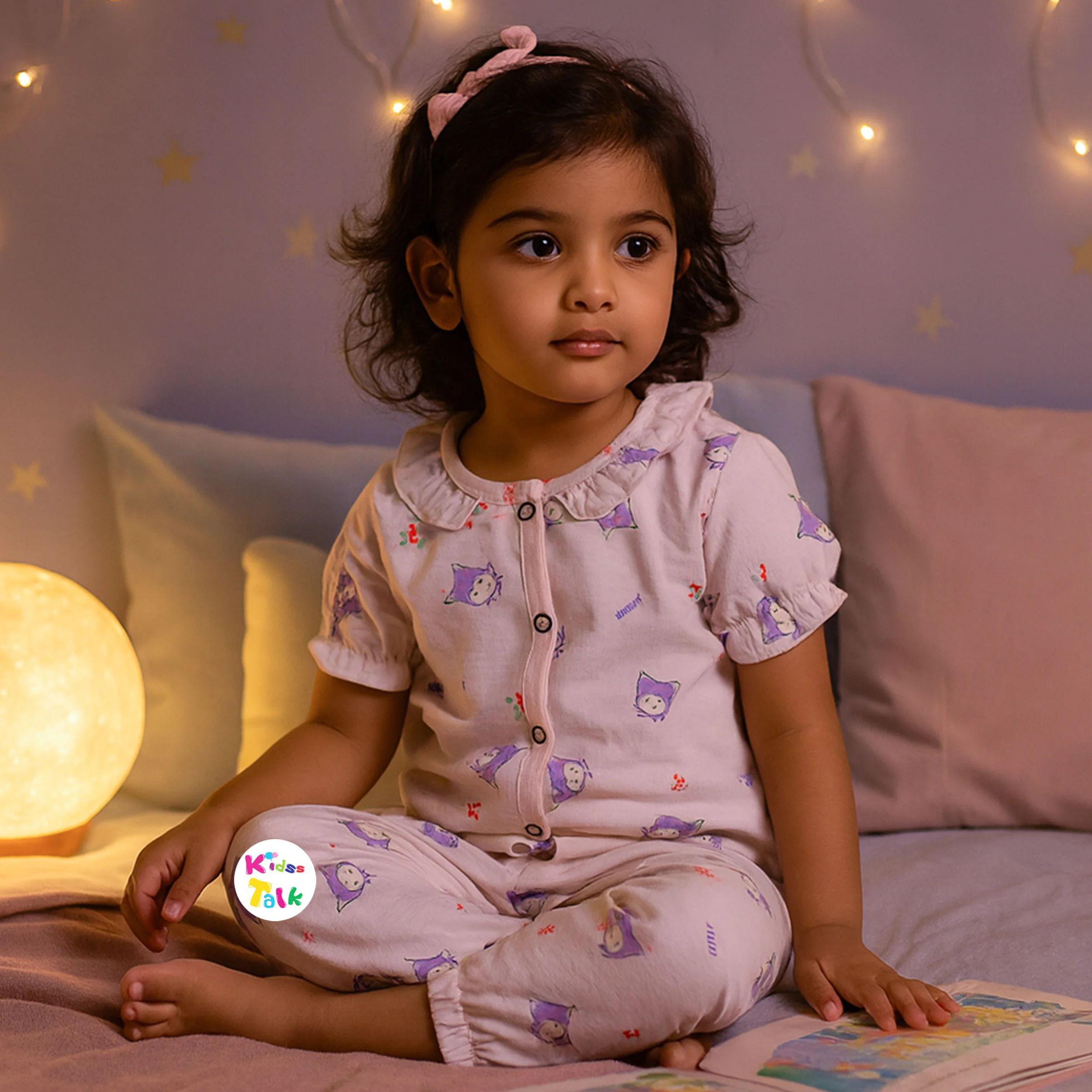 Muslin Full Sleeve Night Suit With Cute Prints - Baby Pink