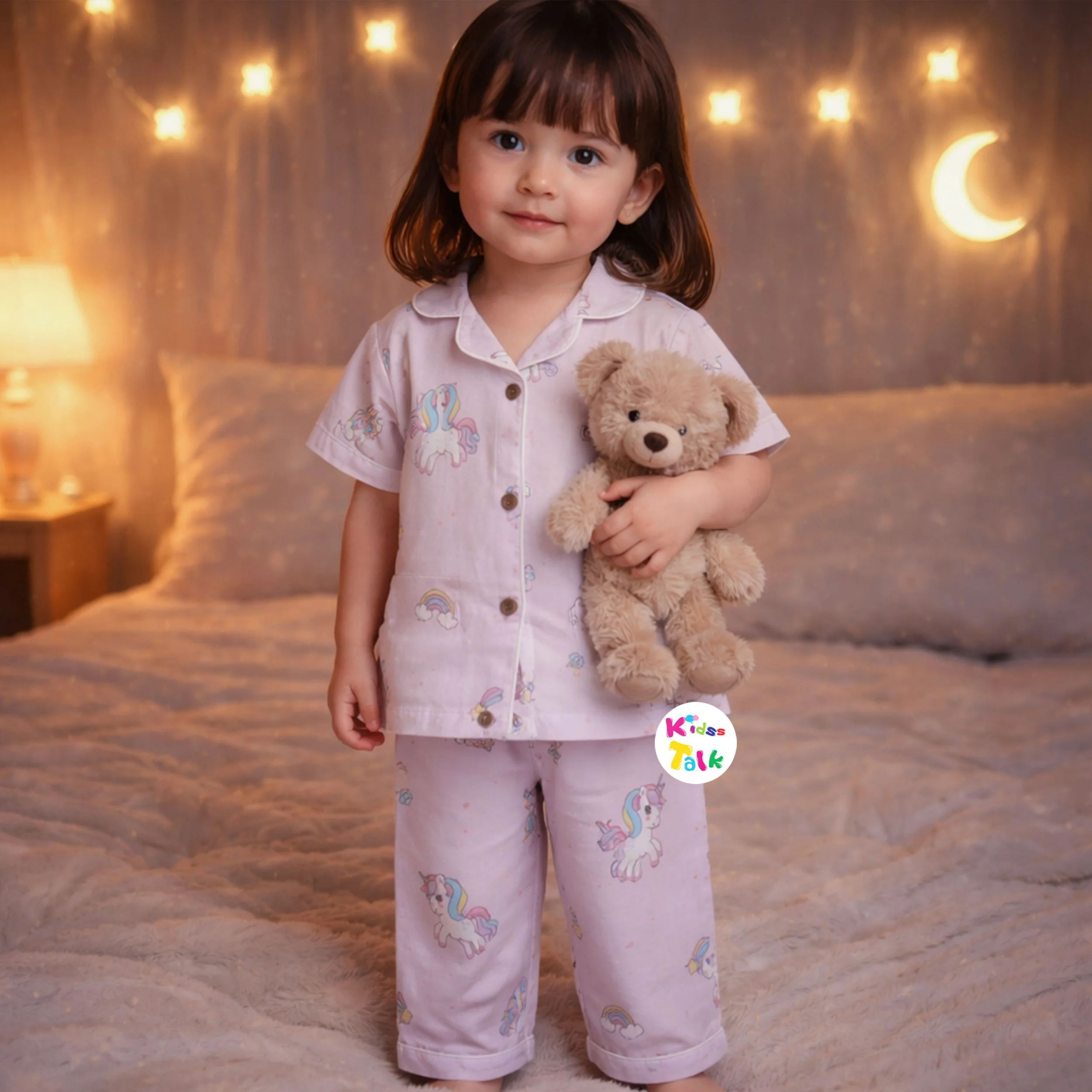 Cotton Half Sleeve Night Suit With Cute Print - Lavender