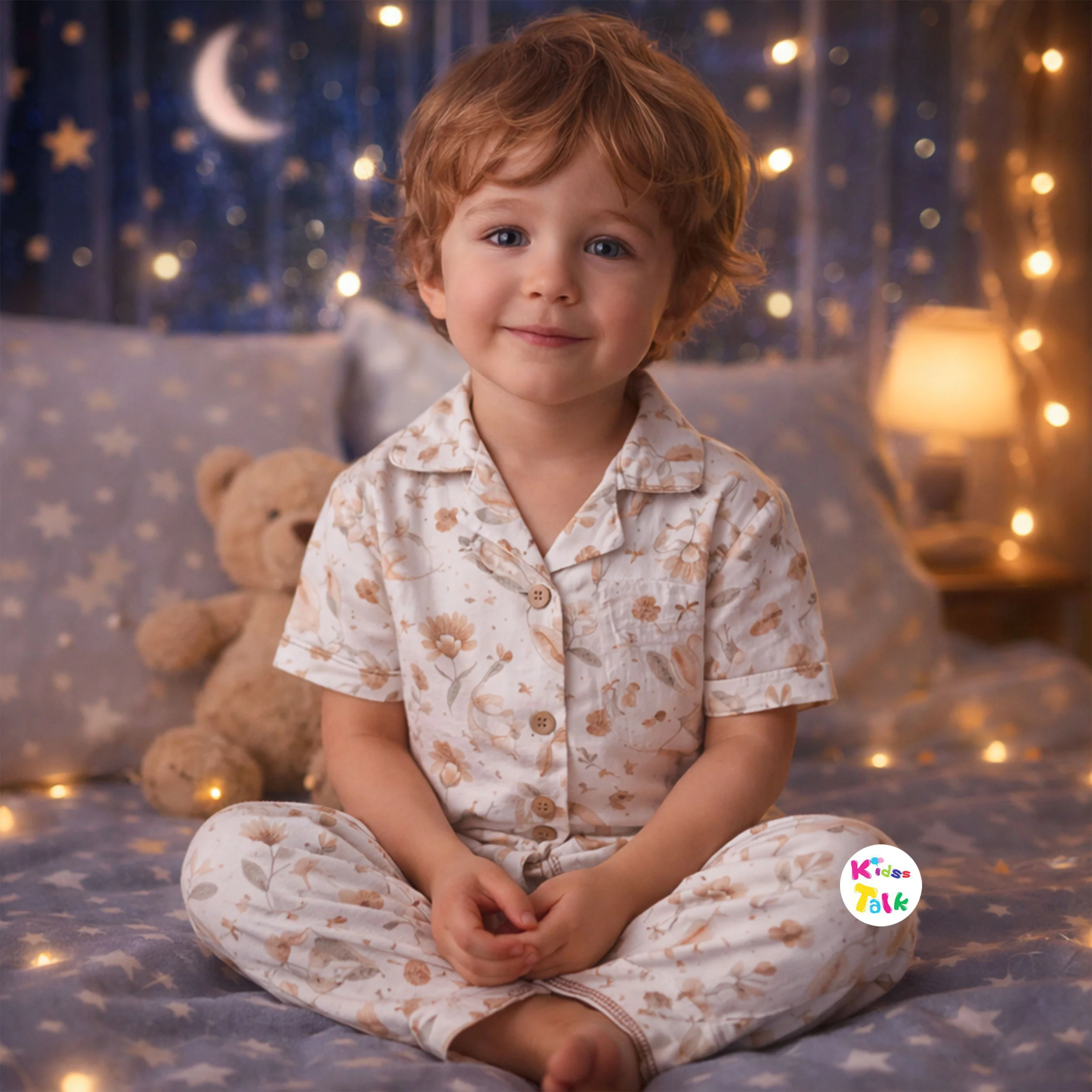 Muslin Half Sleeve Night Suit With Cute Print - White