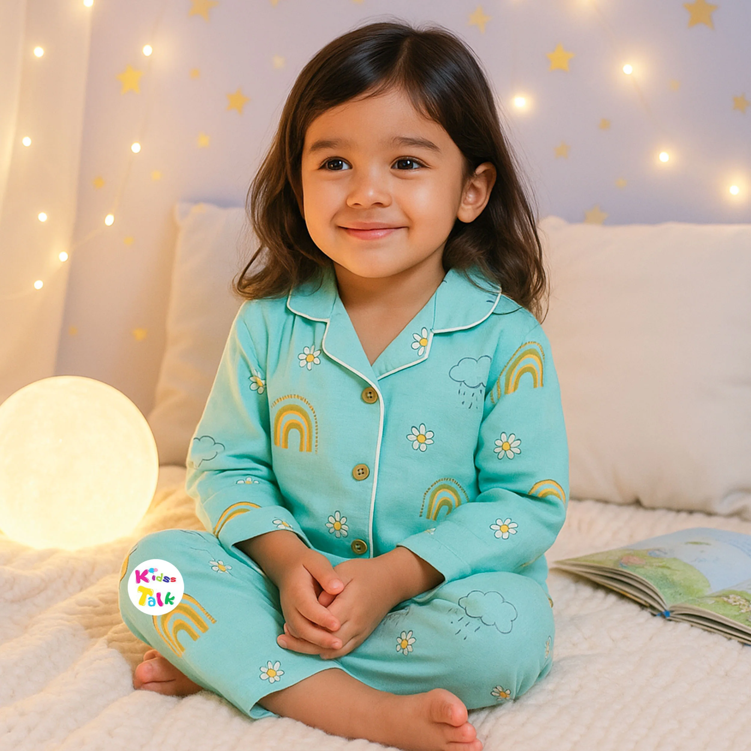 Muslin Full Sleeve Night Suit With Cute Prints - Mint Green