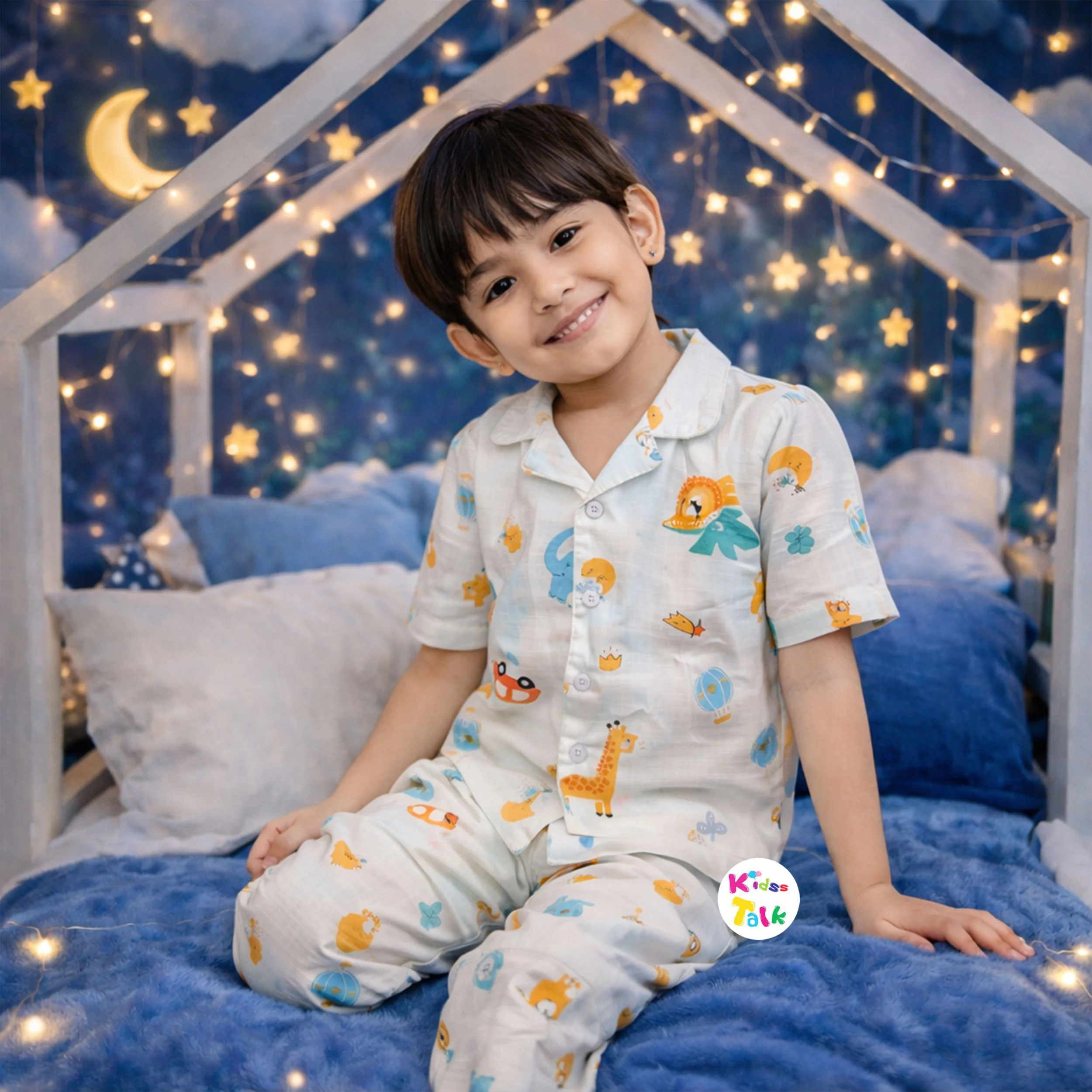 Muslin Half Sleeve Night Suit With Cute Printed - Off White