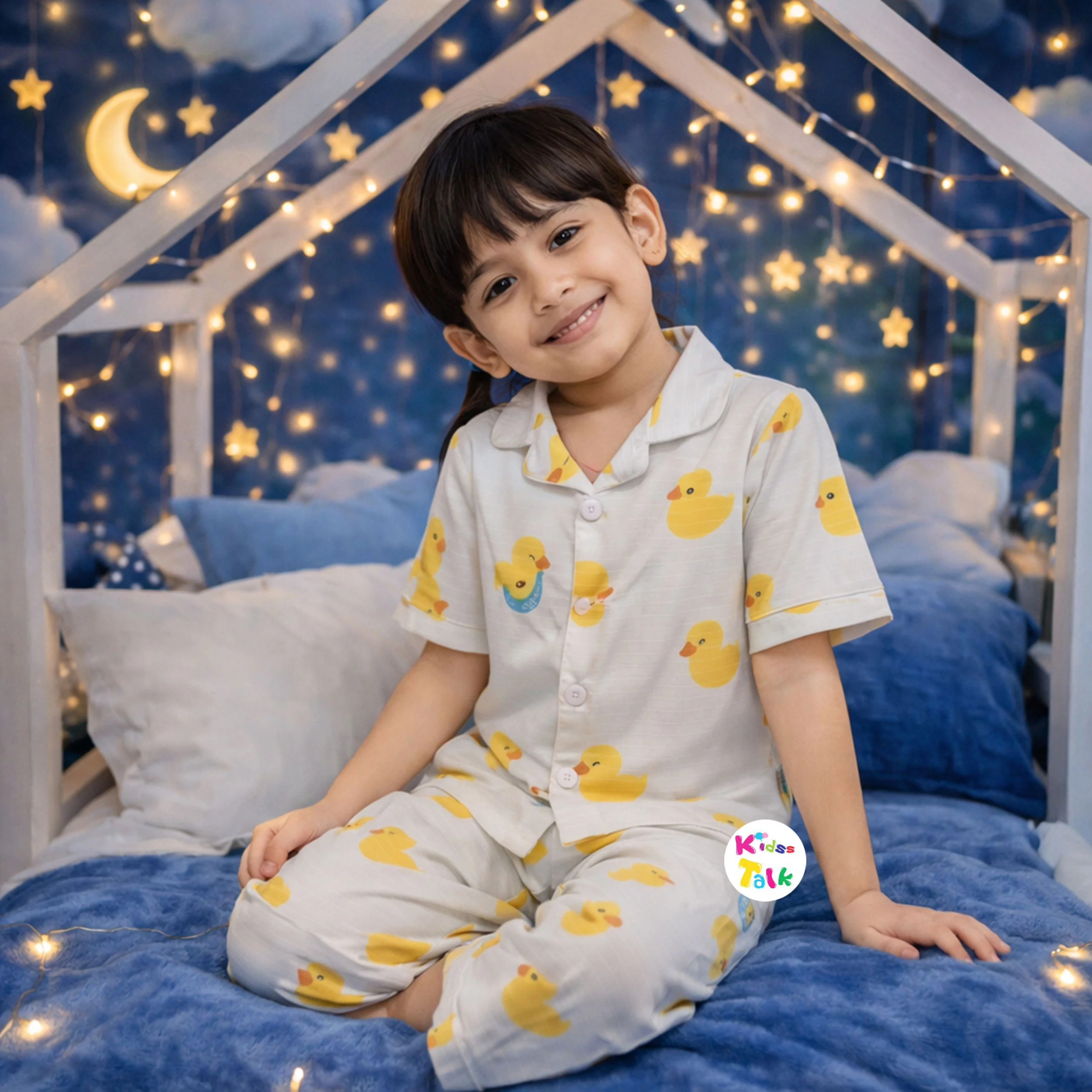 Muslin Half Sleeve Night Suit With Cute Printed - White