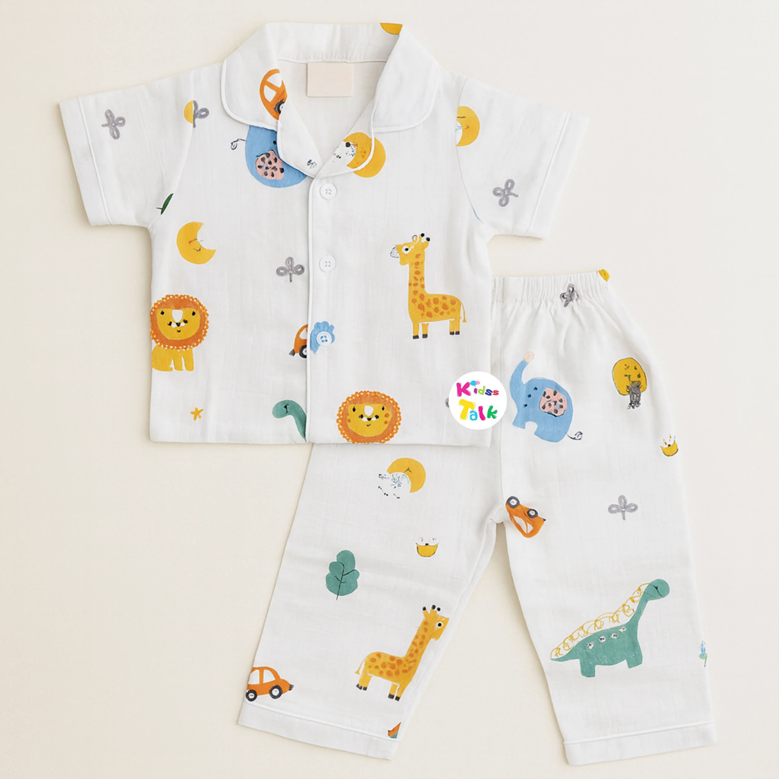 Muslin Half Sleeve Night Suit With Cute Printed - Cream