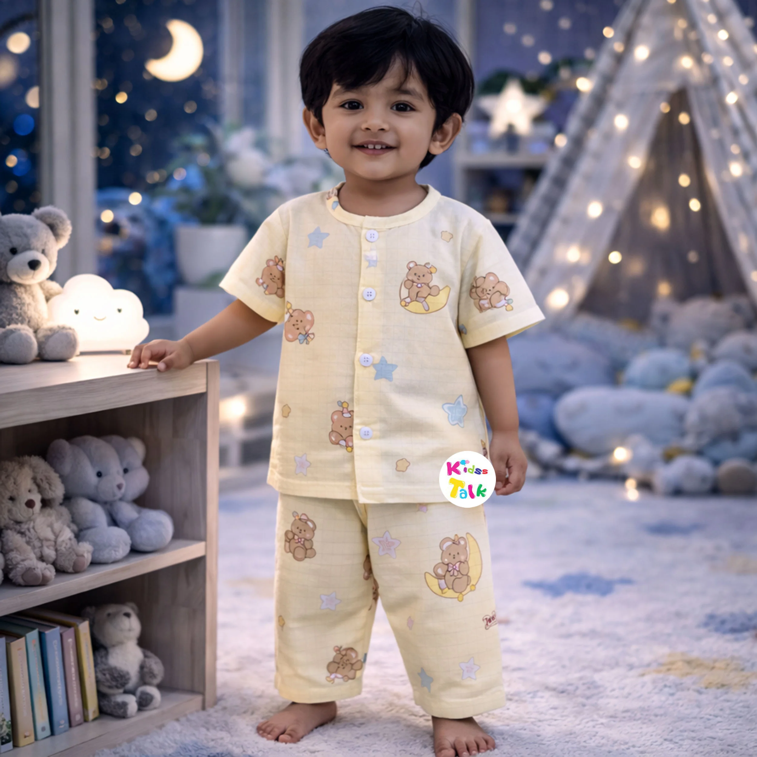 Muslin Half Sleeve Night Suit With Cute Print - Lemon Yellow