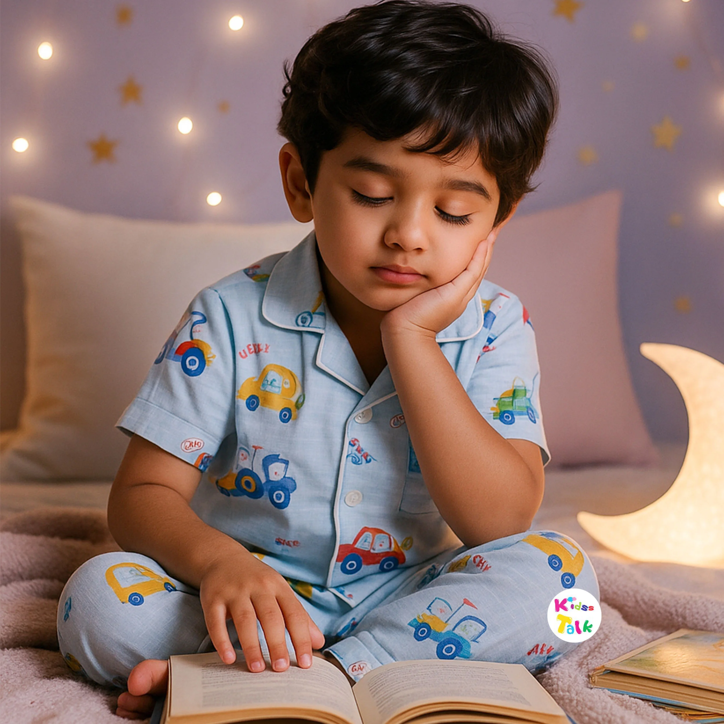 Muslin Half Sleeve Night Suit With Cute Printed - Ice Blue