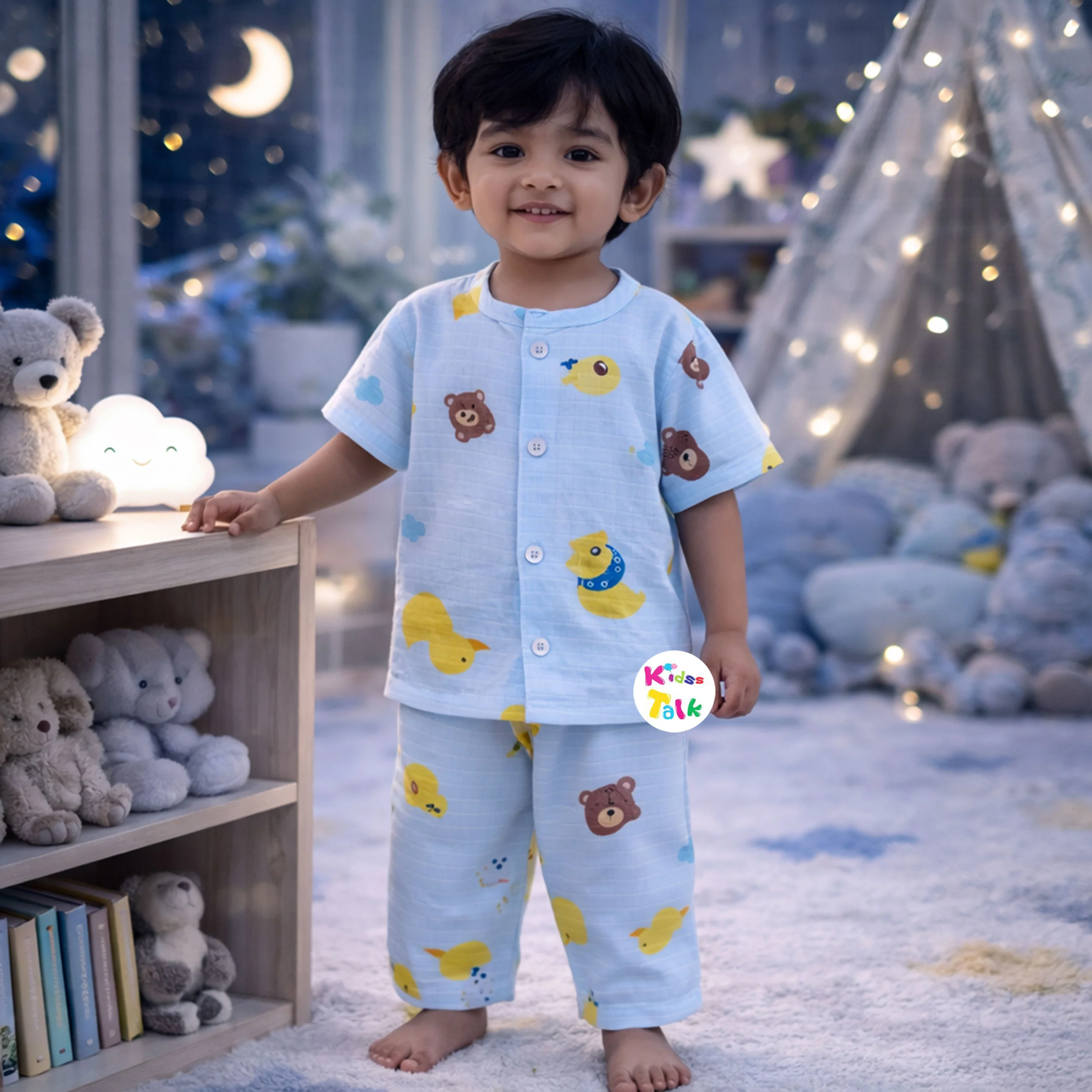 Muslin Half Sleeve Night Suit With Cute Print - Ice Blue