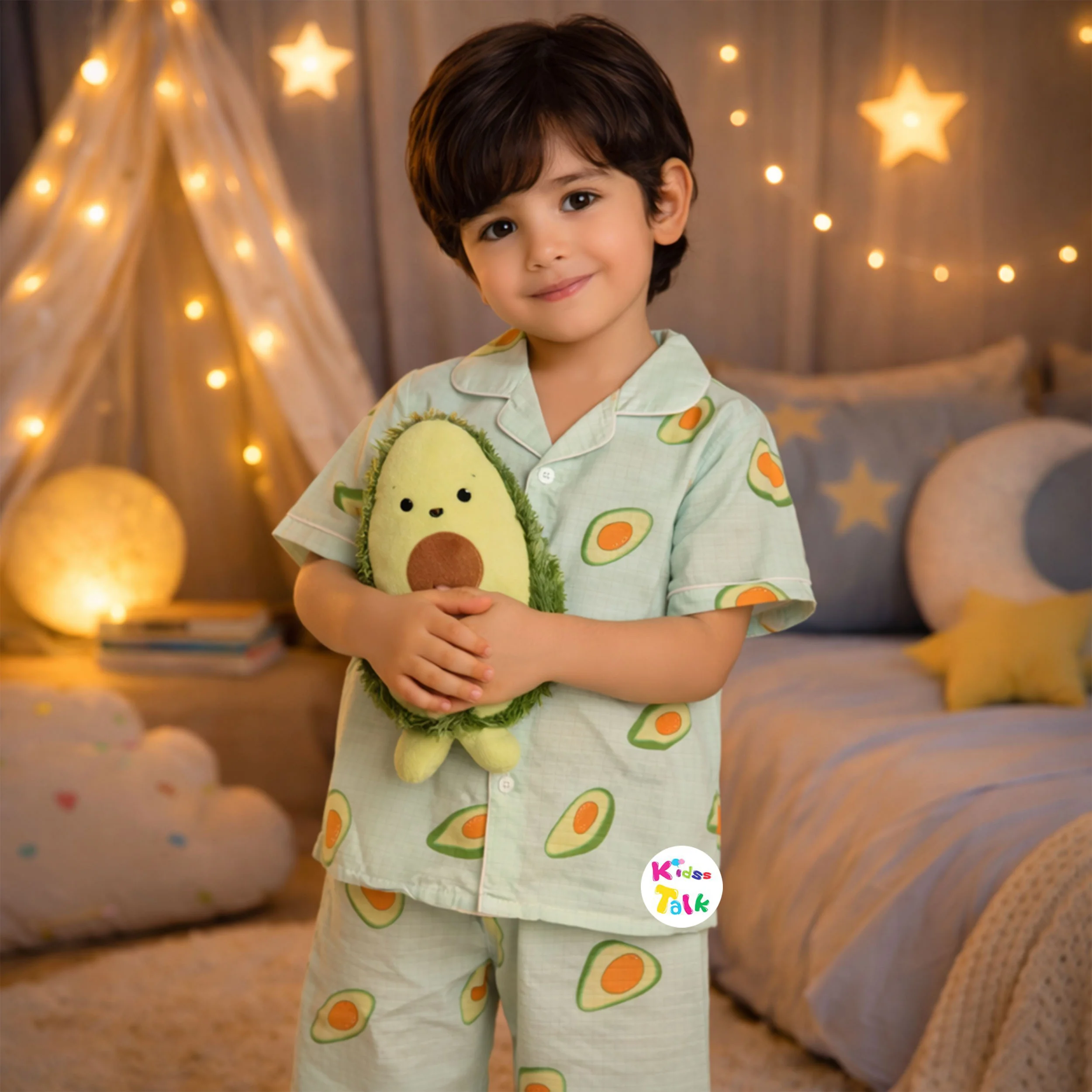 Muslin Half Sleeve Night Suit With Cute Print - Mint Green