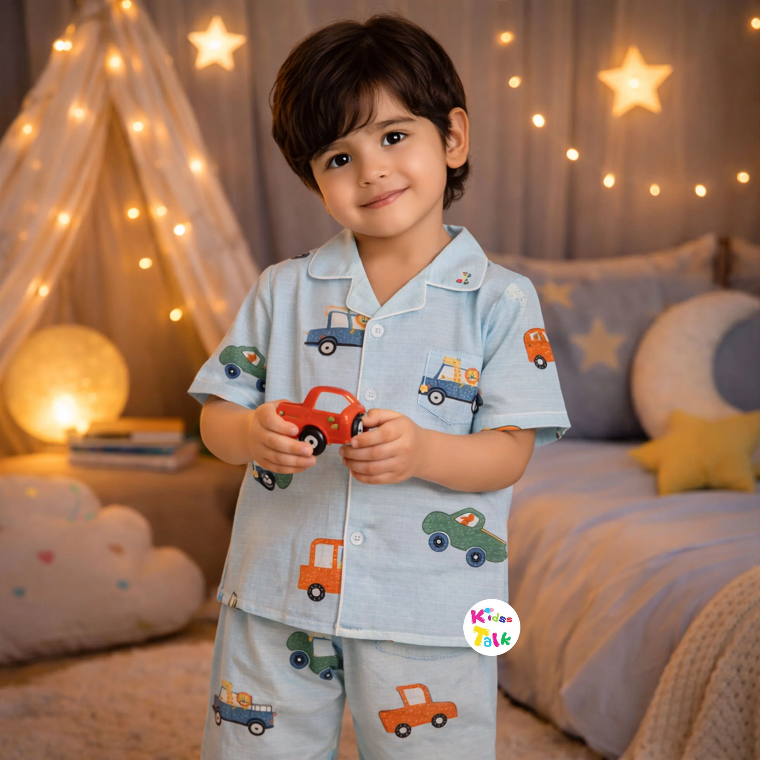 Muslin Half Sleeve Night Suit With Cute Print - Ice Blue