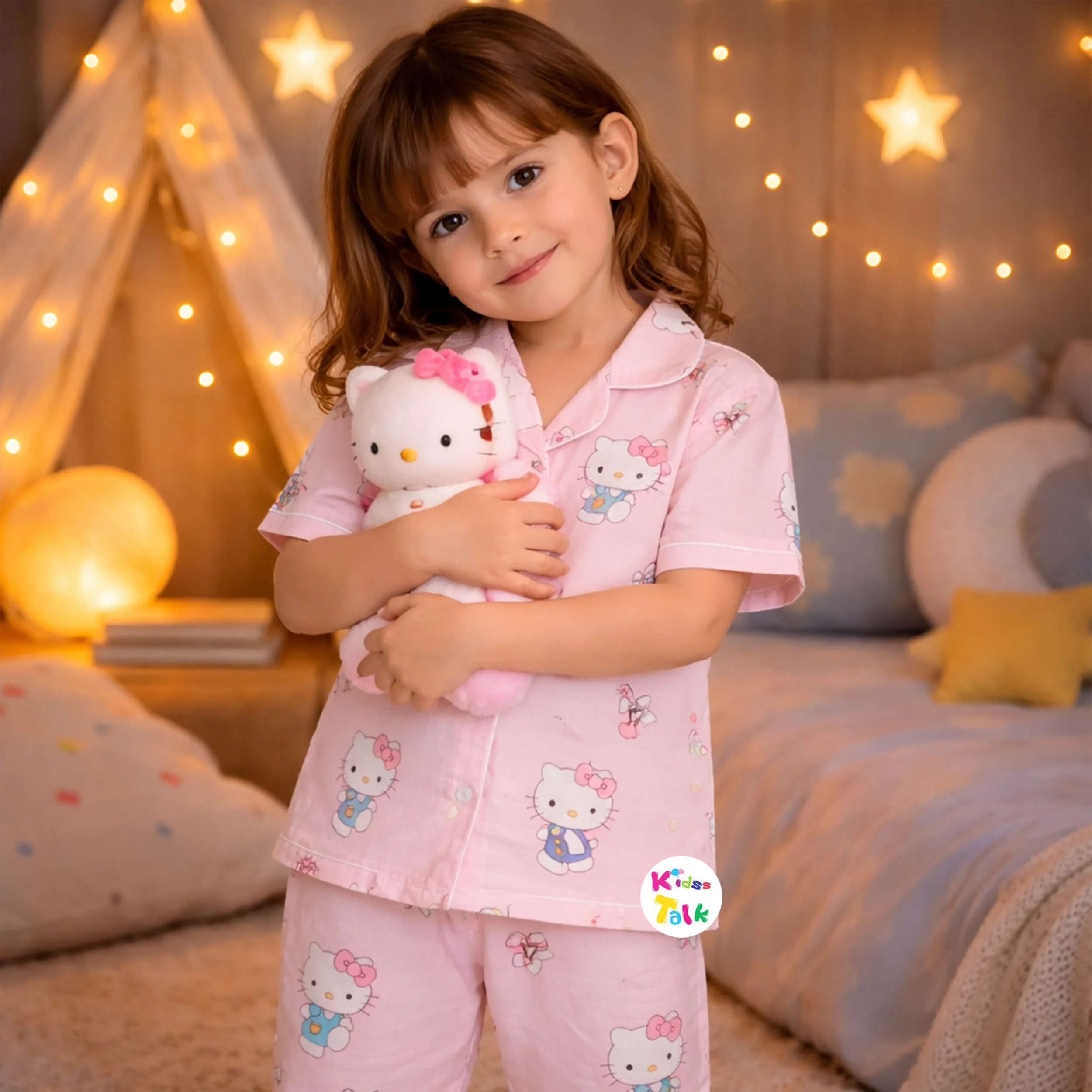 Muslin Half Sleeve Night Suit With Cute Print - Baby Pink