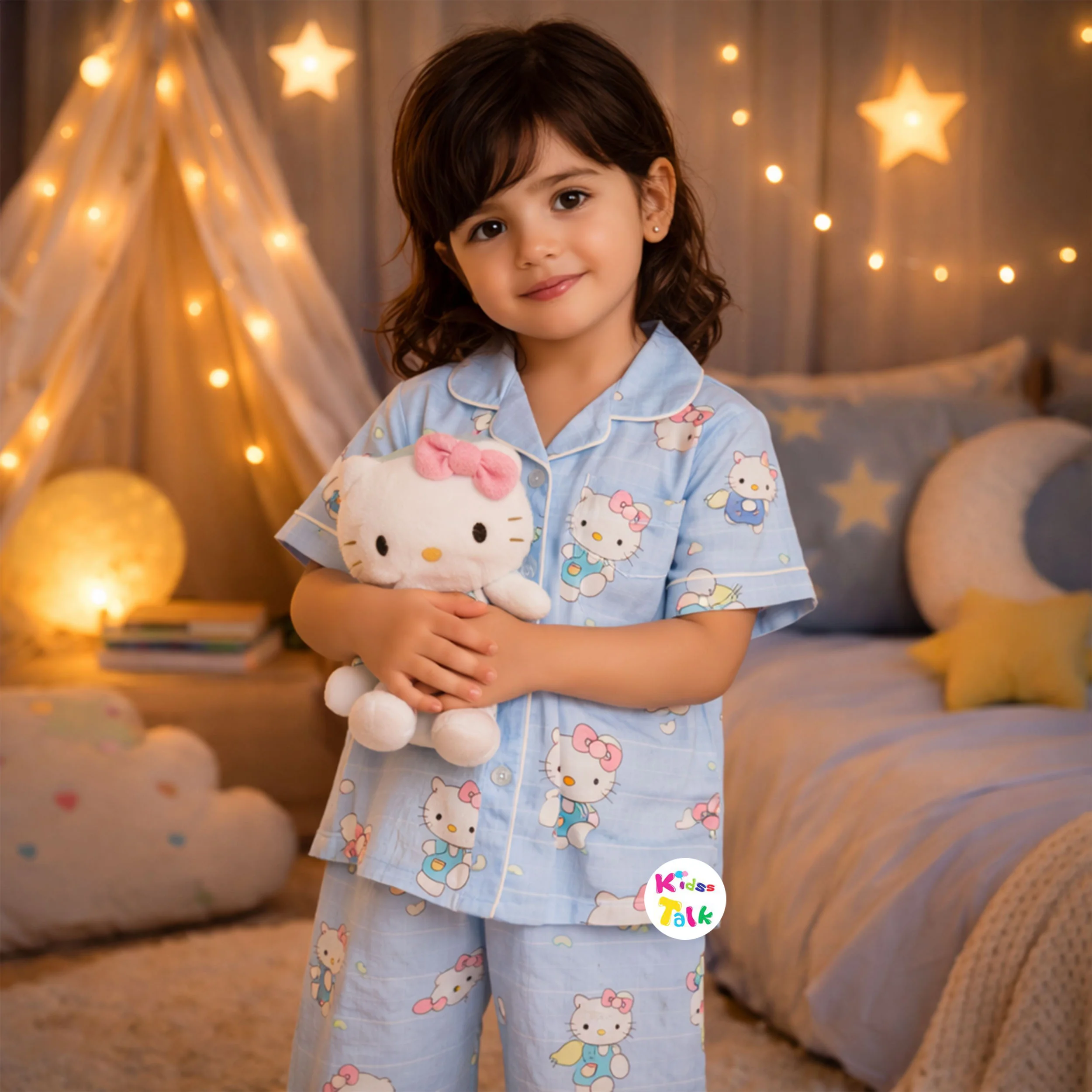 Muslin Half Sleeve Night Suit With Cute Print - Ice Blue