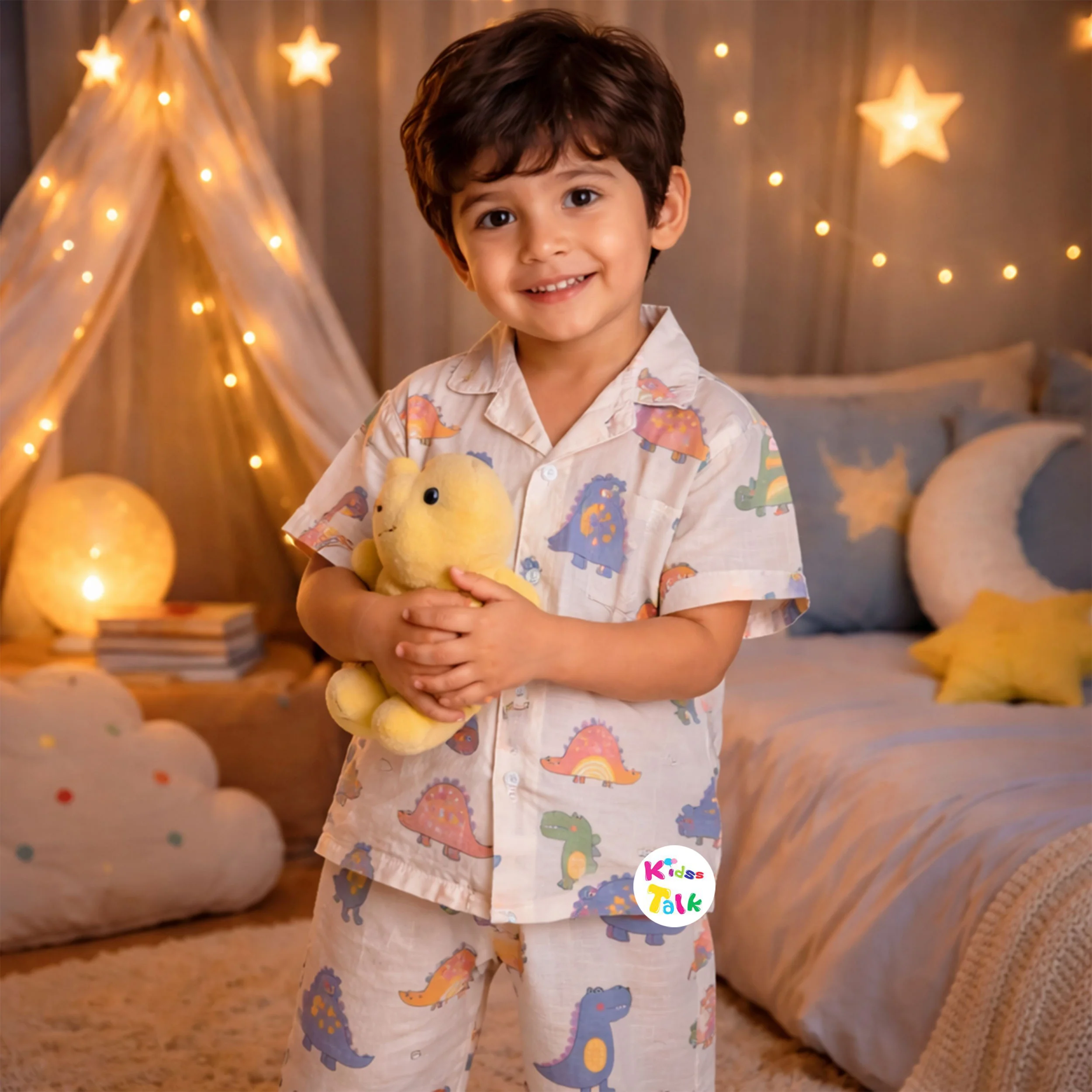 Muslin Half Sleeve Night Suit With Cute Print - Cream