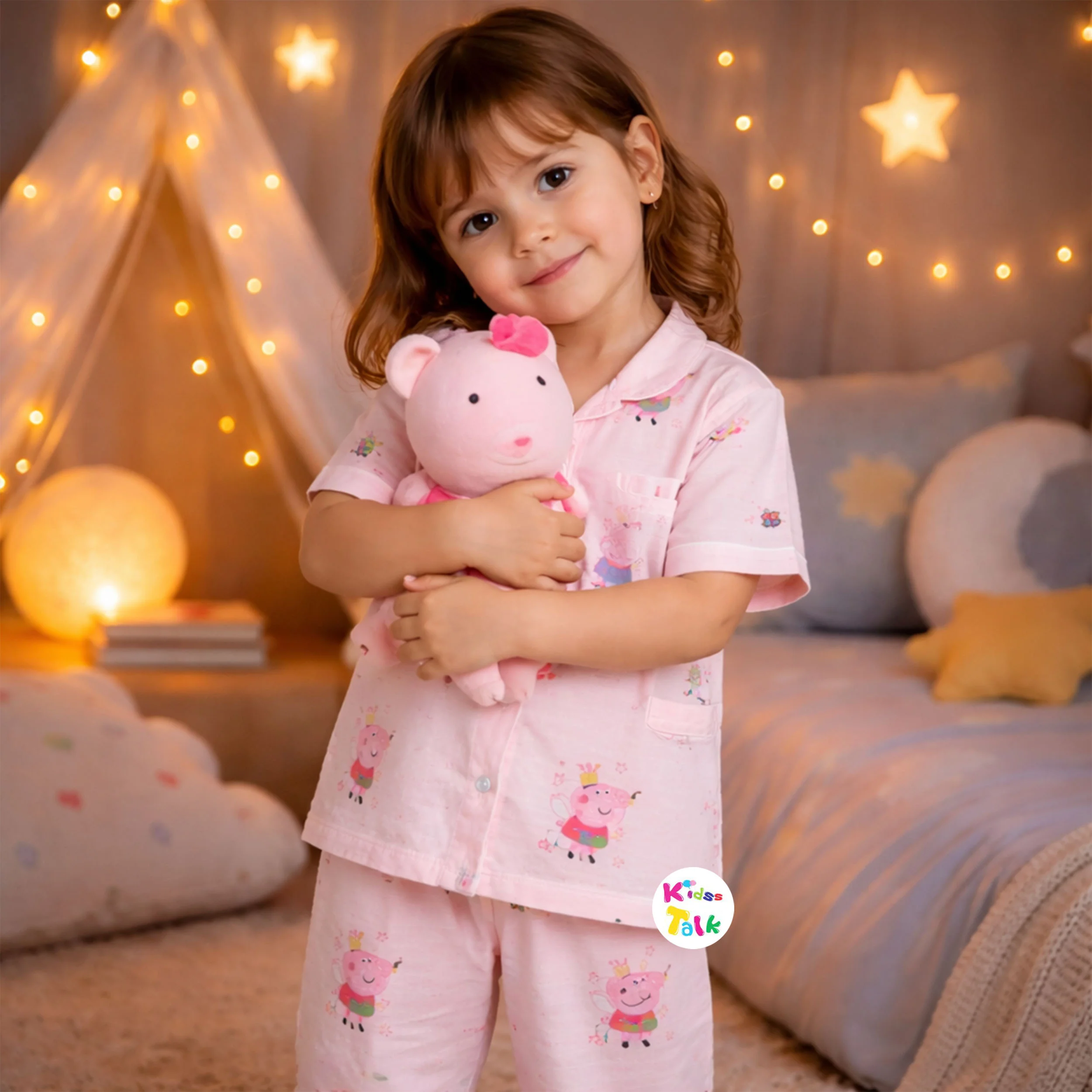 Muslin Half Sleeve Night Suit With Cute Print - Baby Pink