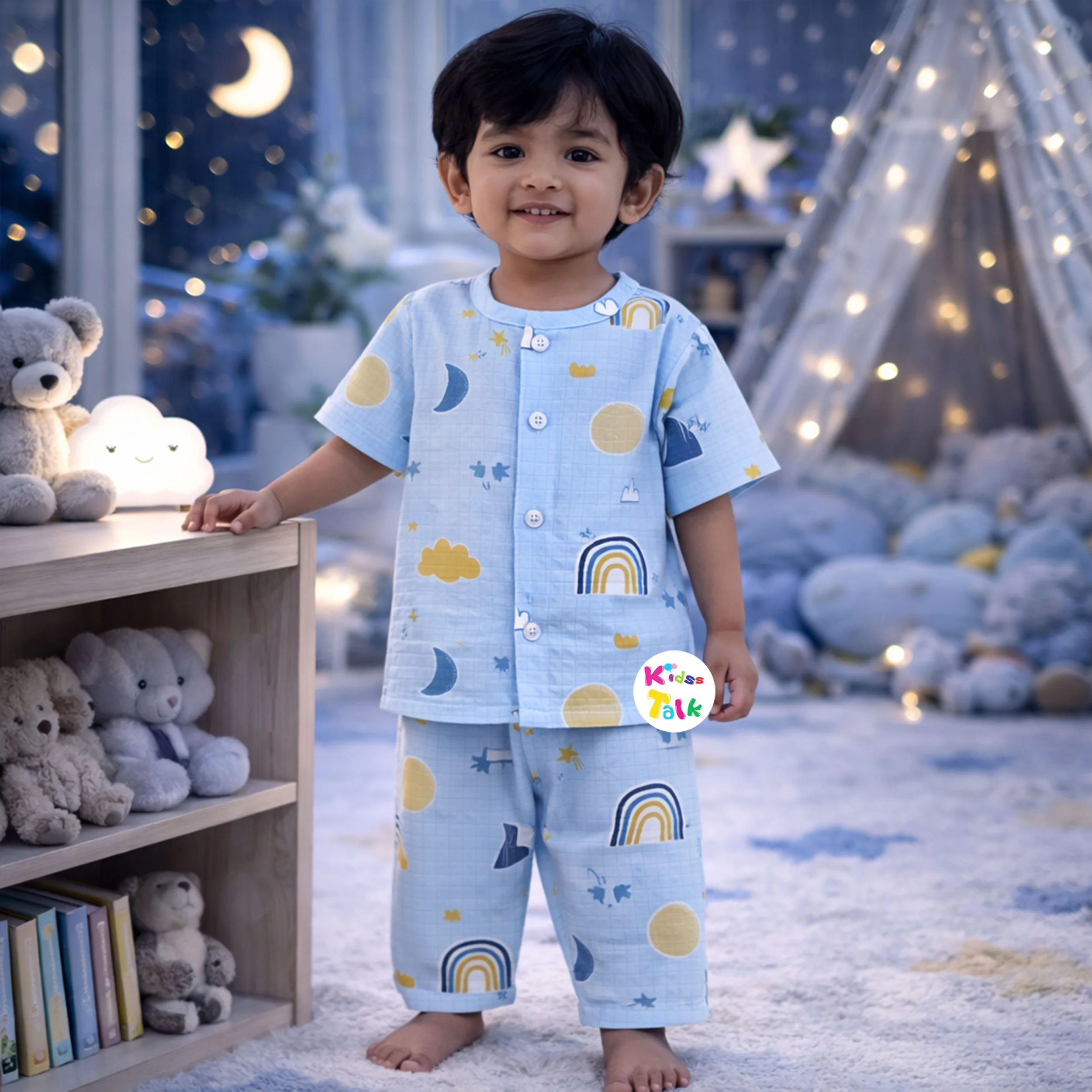 Muslin Half Sleeve Night Suit With Cute Print - Ice Blue
