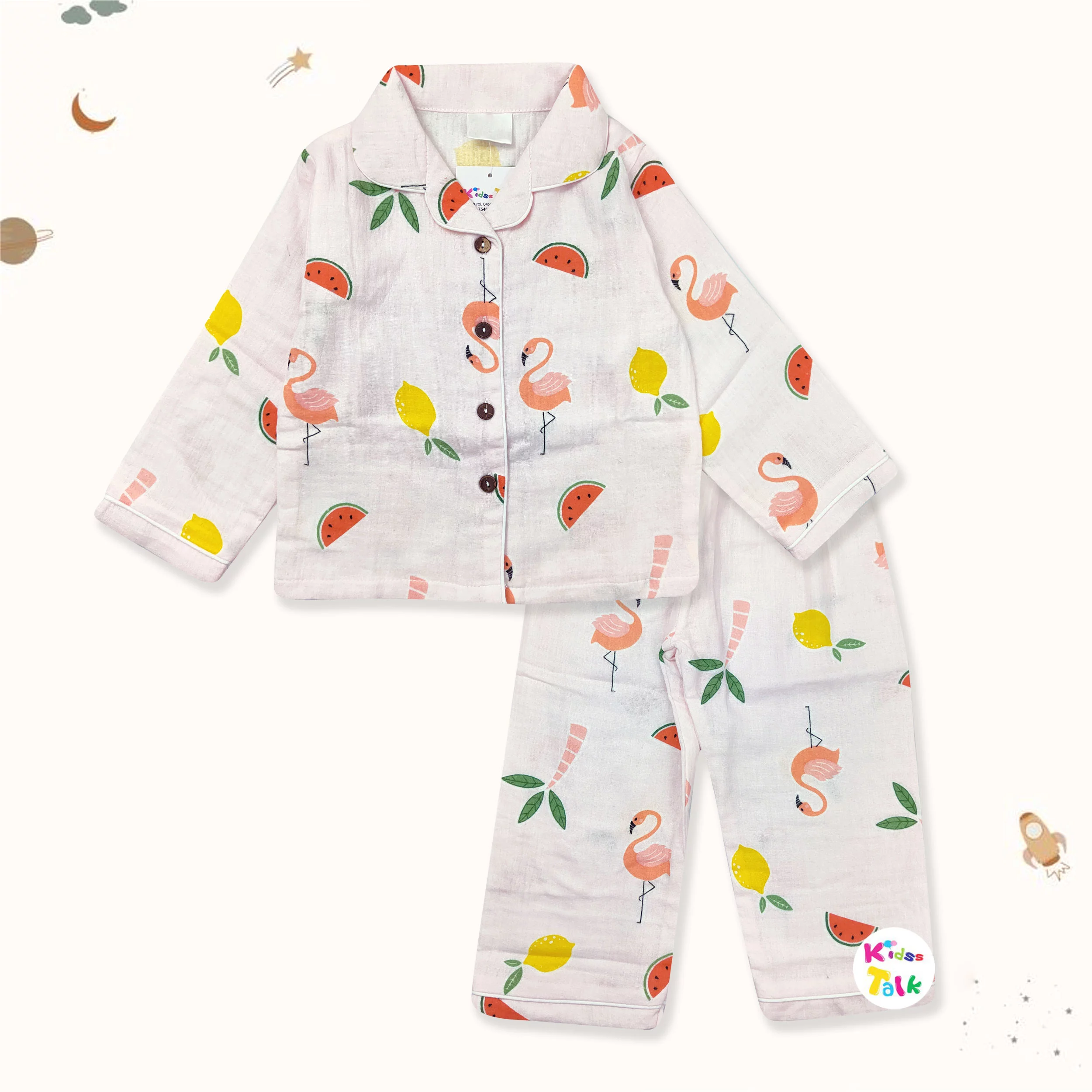 Soft Muslin Full Sleeve Night Suit With Cute Prints - Baby Pink