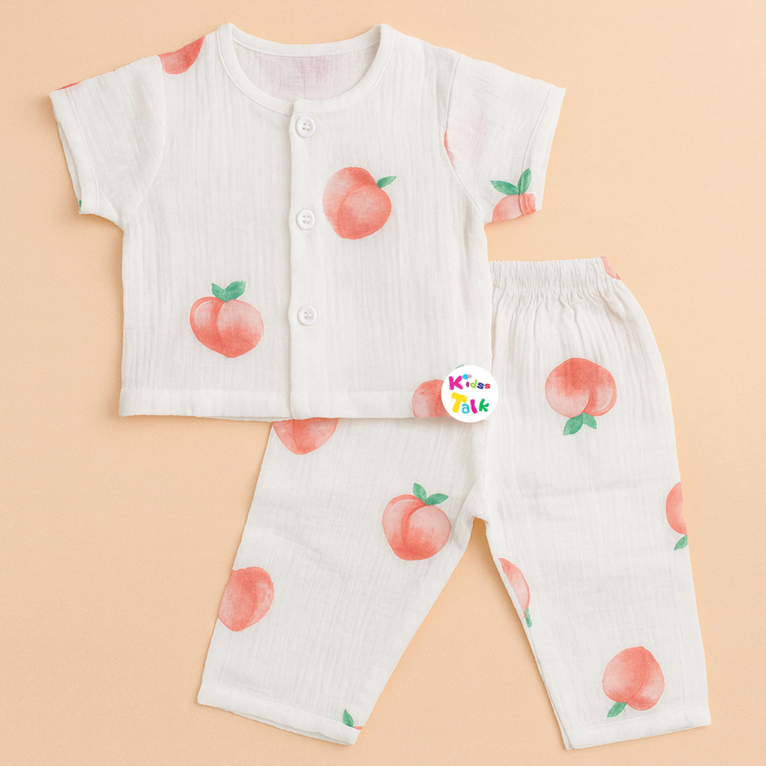 Muslin Half Sleeve Night Suit With Cute Printed - White