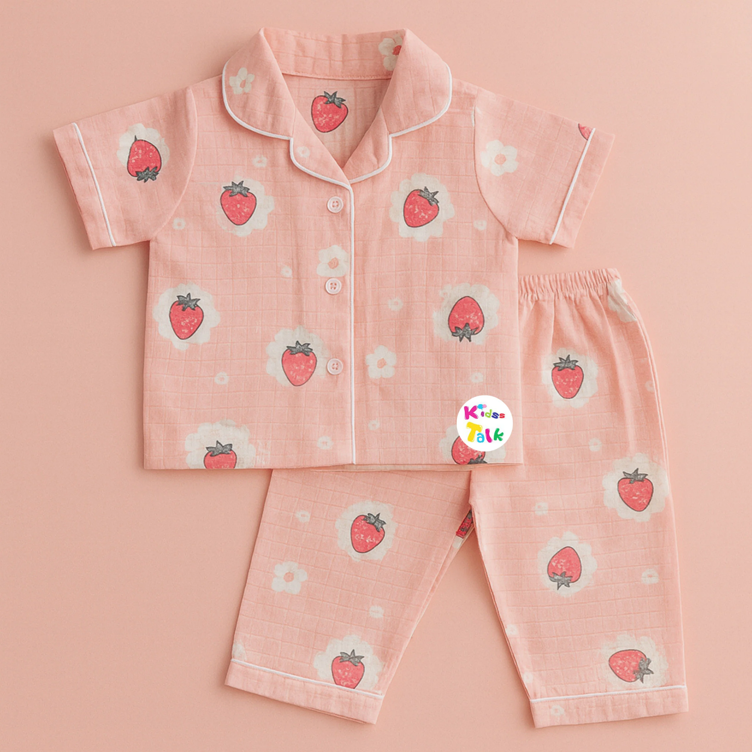 Muslin Half Sleeve Night Suit With Cute Printed - Peach